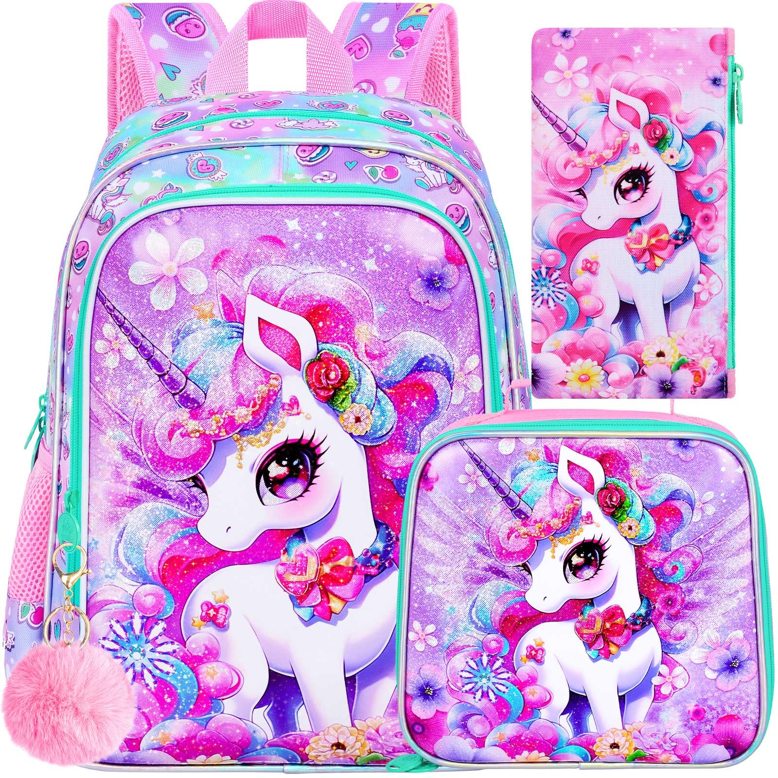 HPJGD 3PCS Unicorn Backpack for Girls, Water Resistant Kids Bookbag Set with Lunch Box，Cute Elementary School Bag for Preschool Toddler