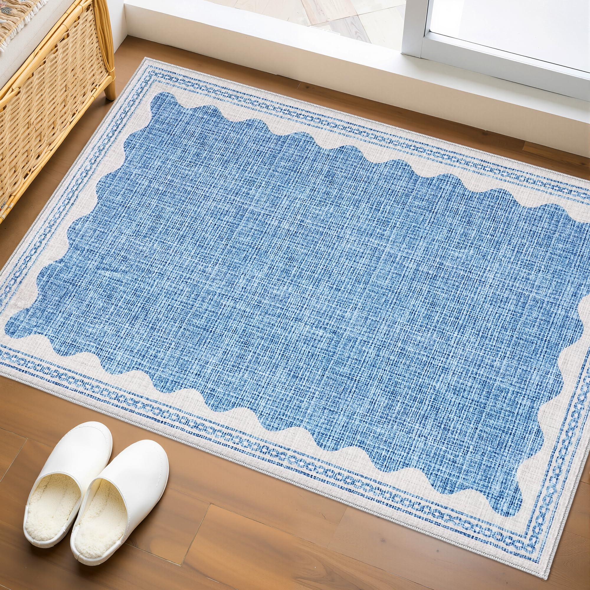 GarveeHome Door Mat Indoor Rugs for Entryway Small Throw Rug 2x3 Washable Non-Slip Solid Blue Modern Minimalism Soft Low-Pile Scalloped Carpet for