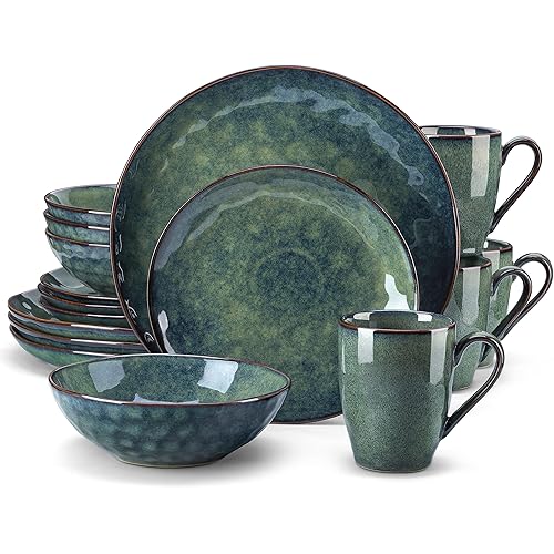 vancasso Starry 16 Pieces Green Dinnerware Set, Reactive Change Glaze Dinner Set, Plates and Bowls Set