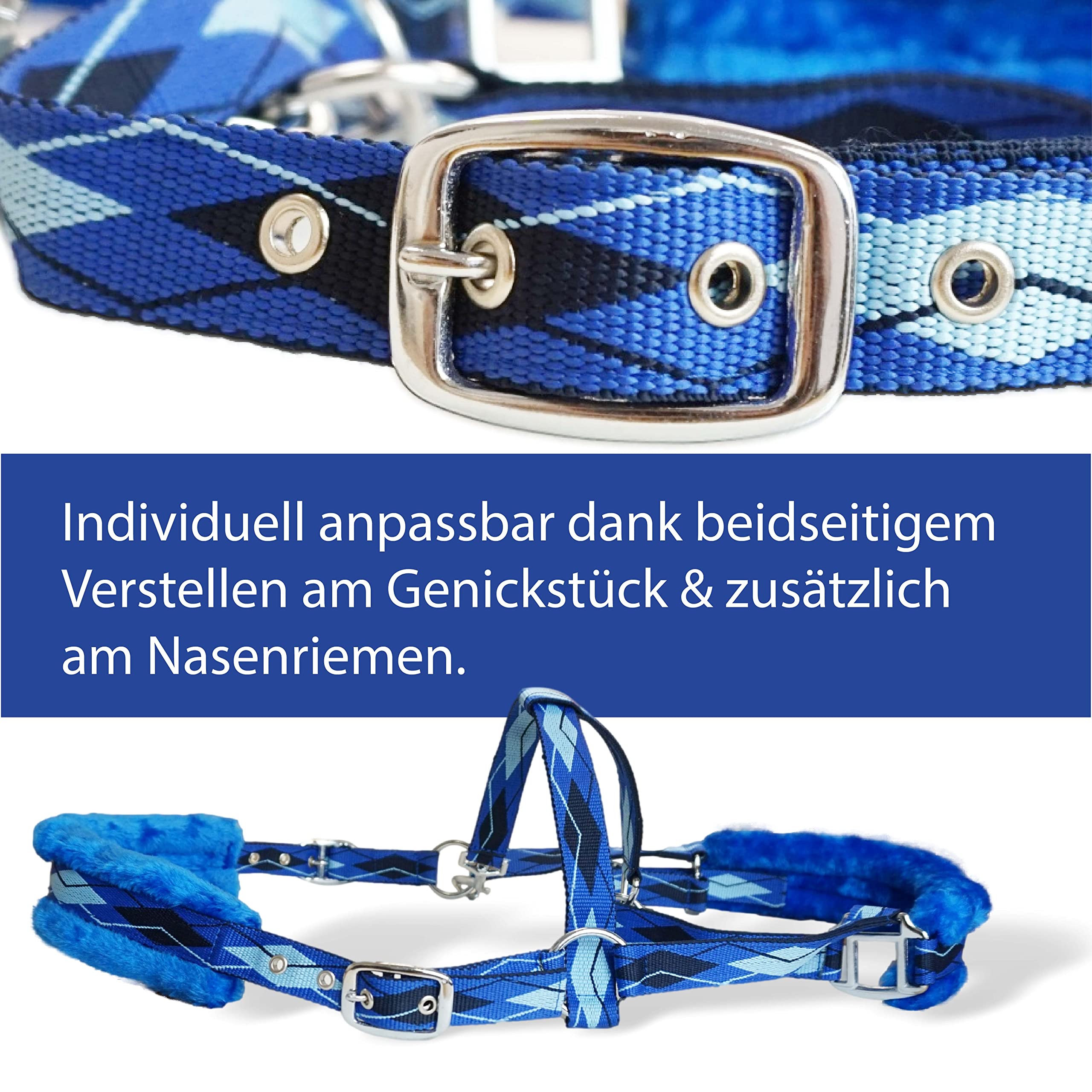 Pferdelinis Cavezza per cavalli in pelliccia cavezza foderata blu nelle taglie xfull cavezza pony, Cob, sangue caldo (blu, sangue caldo (Full))
