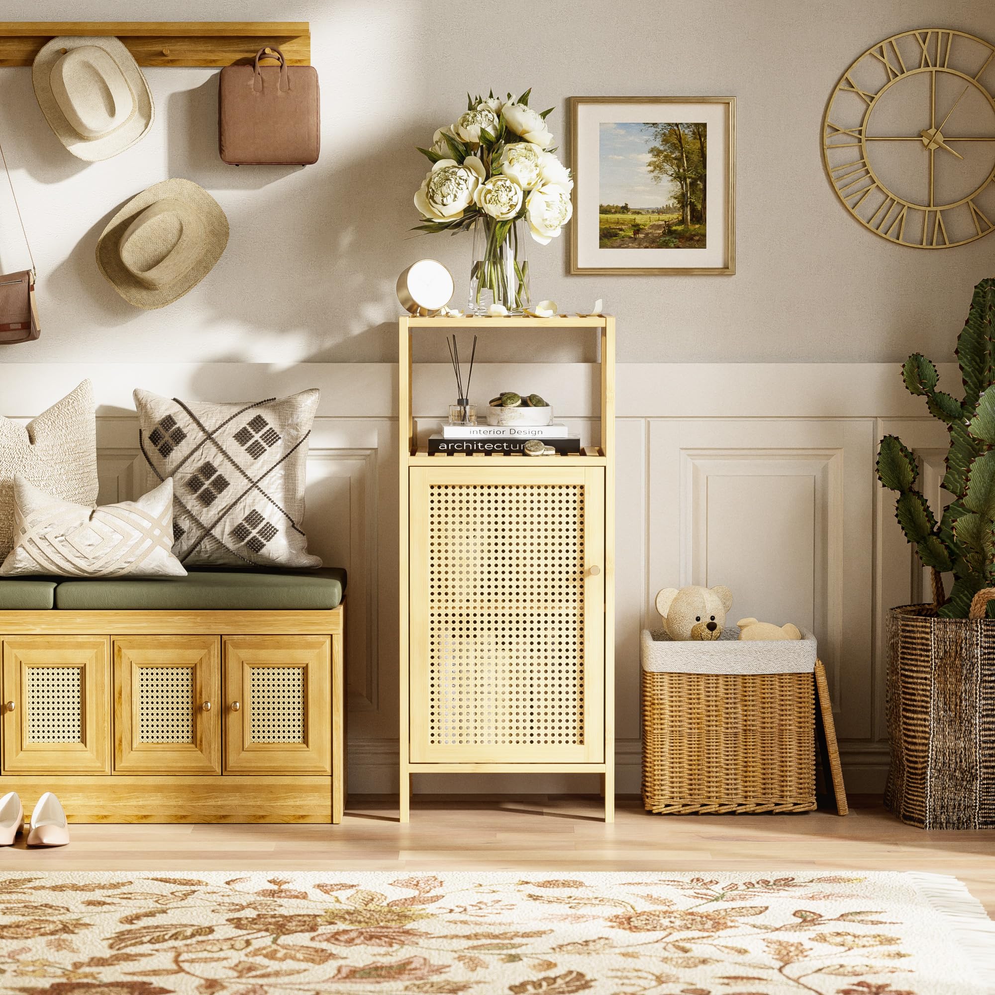 HITNET Mueble Baño Pequeño de Ratán, Armario Auxiliar Baño de Bambú, Gabinete de Almacenamiento Independiente de una Puerta con Estanterías Abiertas, para Sala de Estar, Cocina, Entrada, Natural