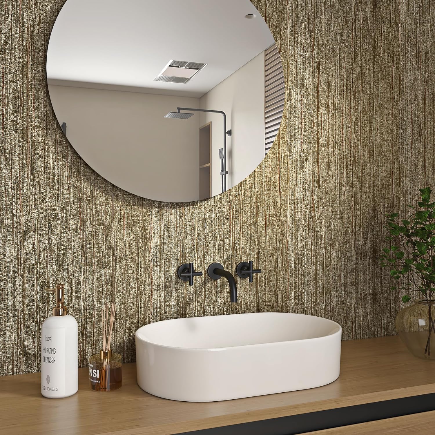Livelynine 15.8x394 Luxury Gold Textured Wallpaper Peel and Stick Grass Cloth Wallpaper Rolls for Bathroom Kitchen Retro Accent Wall Decor Living Room Modern Removable Vintage Contact Paper for Walls