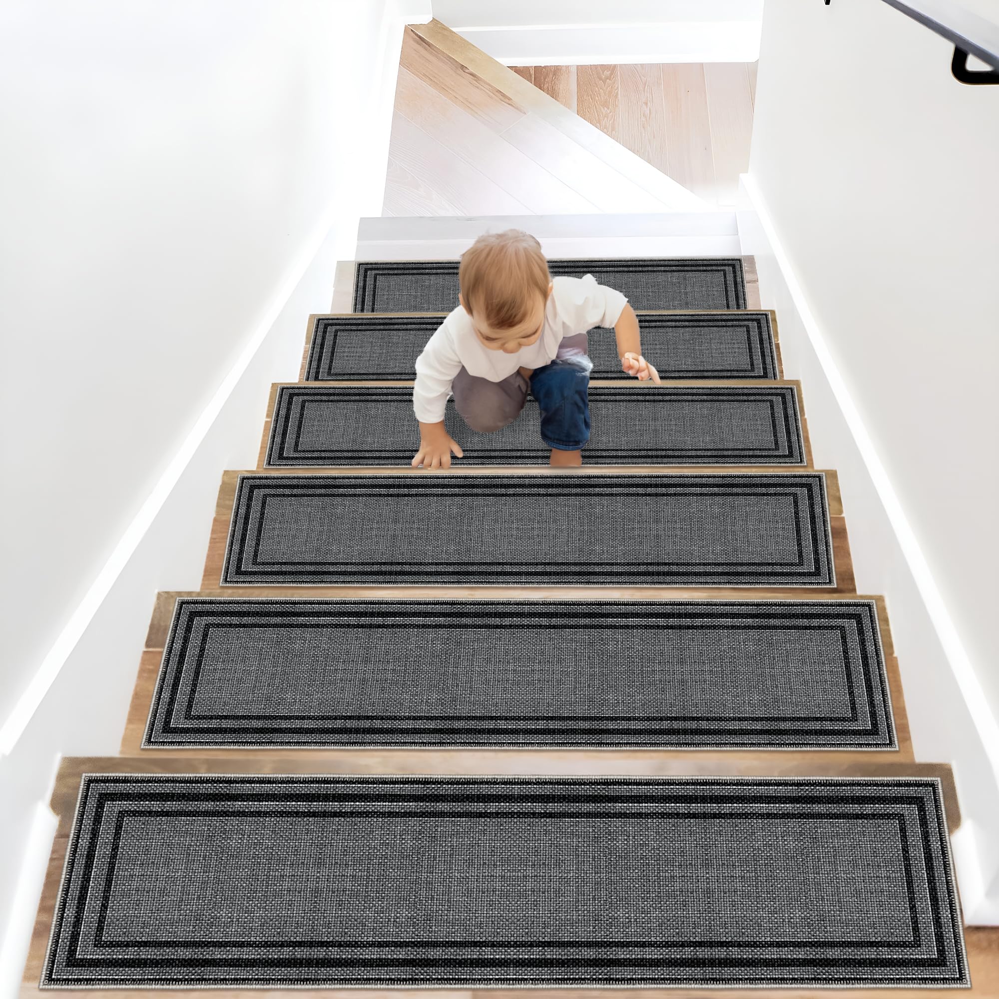 HomeNette Non-Slip Carpet Stair Treads, Rubber Back 8x28 (15 in Pack) Machine Washable Antrachite Runner Rug for Indoor Wooden Steps, Safety