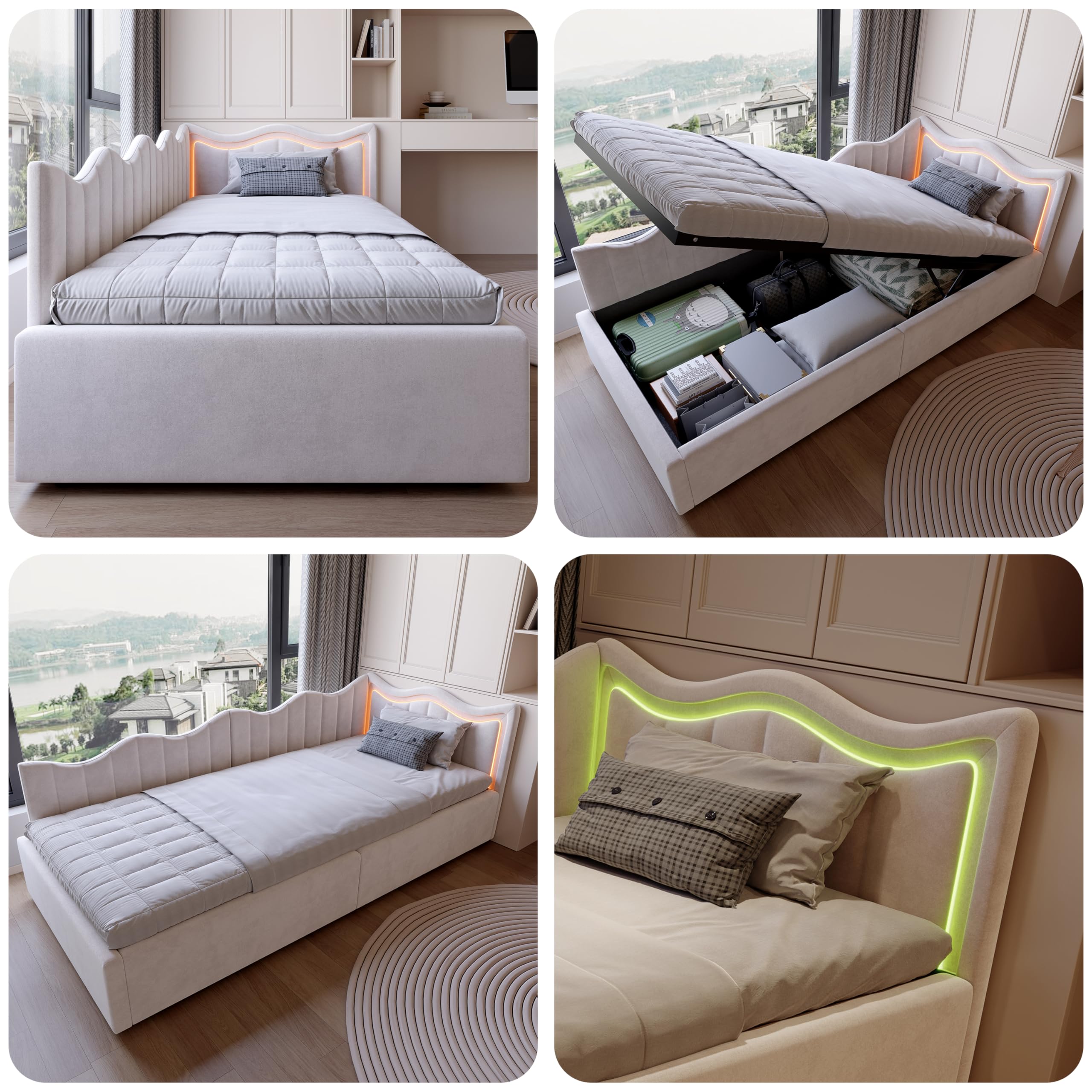 BRILVERDE Divano letto singolo 90x200 con luce LED, Poltrona letto singola con contenitore idraulico, letto con testiera, struttura letto con rete a doghe, in velluto (Beige, 90 x 200 cm)