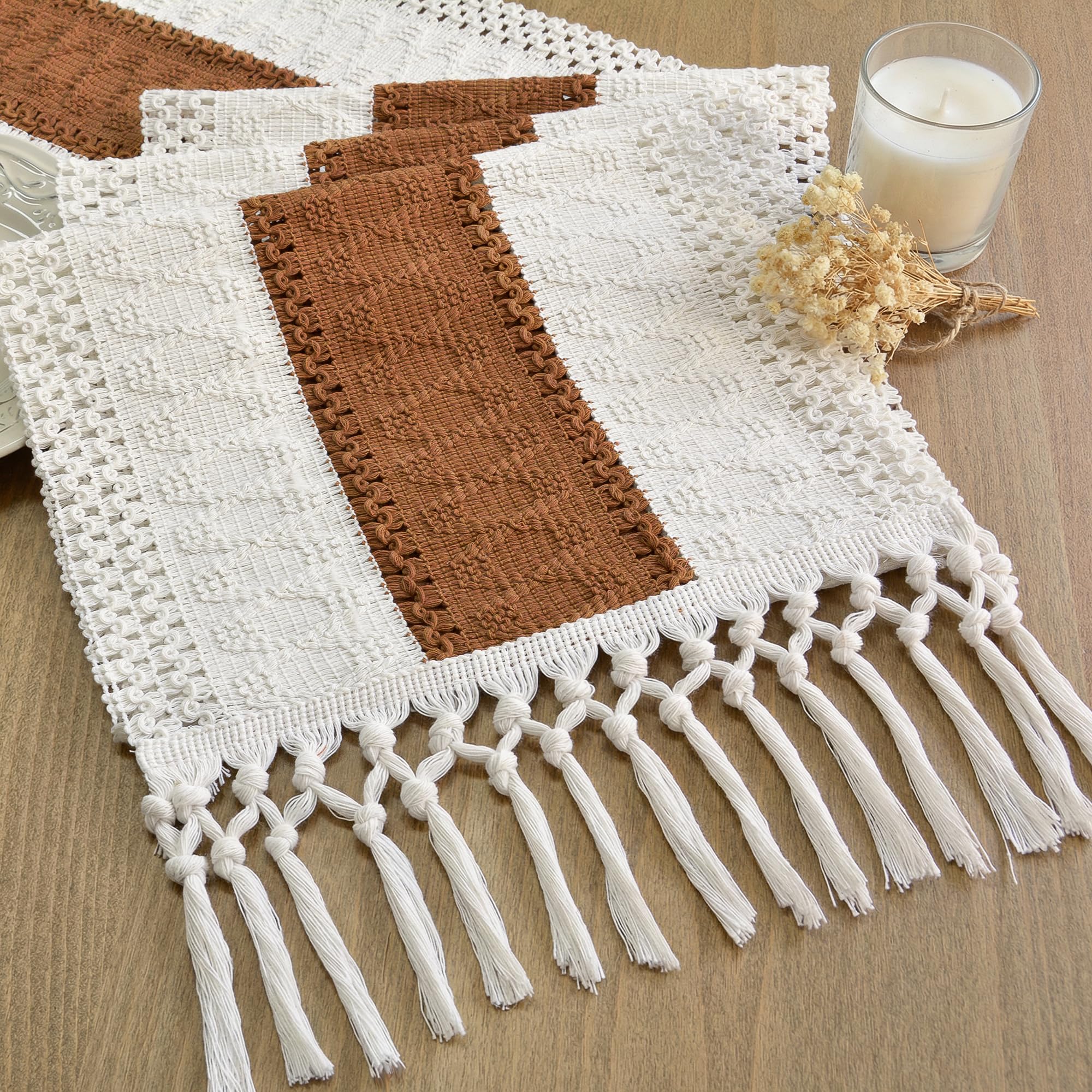 FEXIA Boho Table Runner for Home Decor 12x72 Fall Runner Reddish Brown