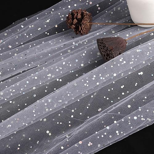 Miniatura 6 de HAVII Rollos de tela de tul con purpurina blanca de 54 pulgadas x 10 yardas, pernos, lentejuelas, cinta de tul, tela de red para faldas tutú,