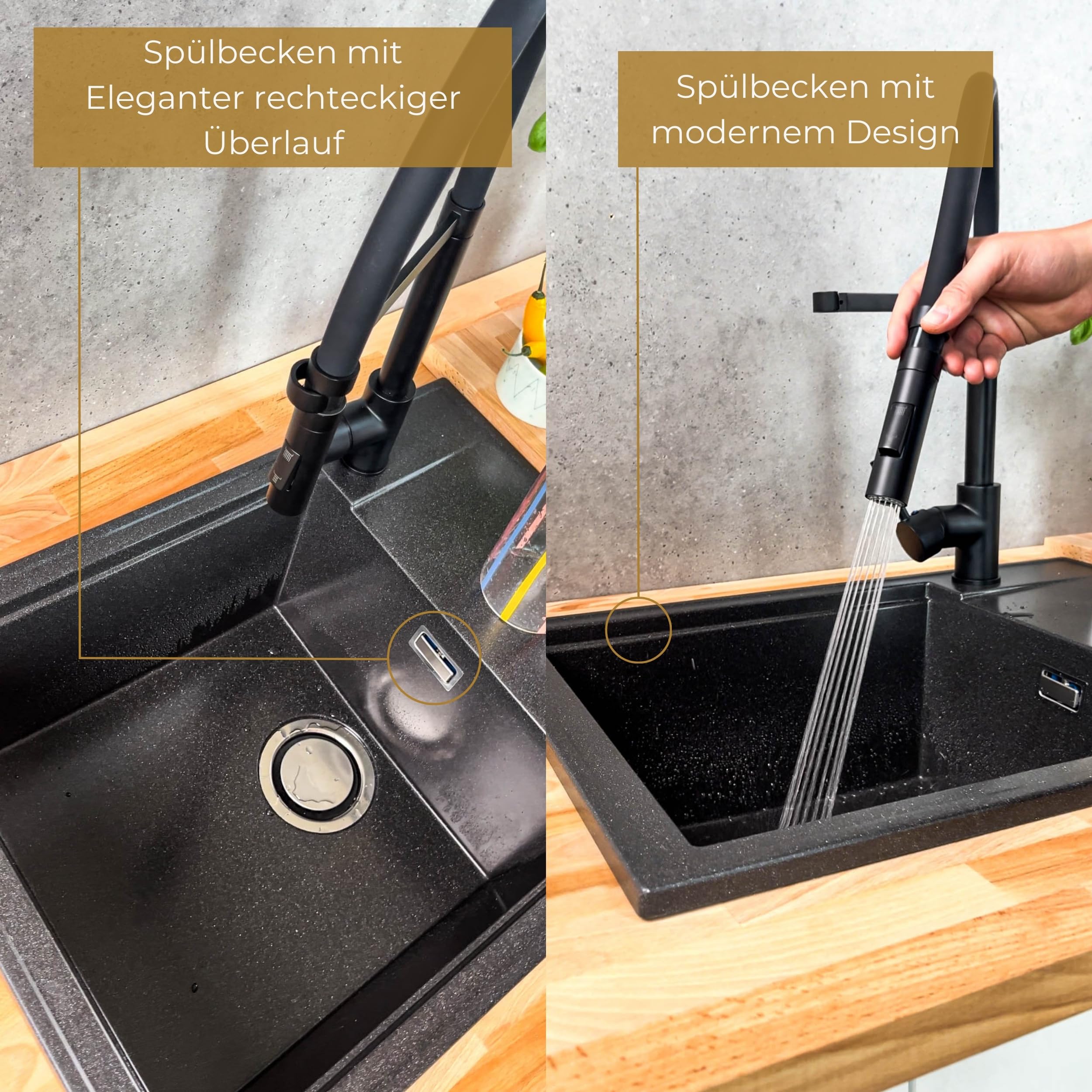 SINK QUALITY zlewozmywak szary z zestawem armatury 62x46 cm - Zlewozmywak z kranem, syfon PUSH, ociekacz, środek impregnujący - Kompletny zestaw zlewozmywaka kuchennego do szafki dolnej 55