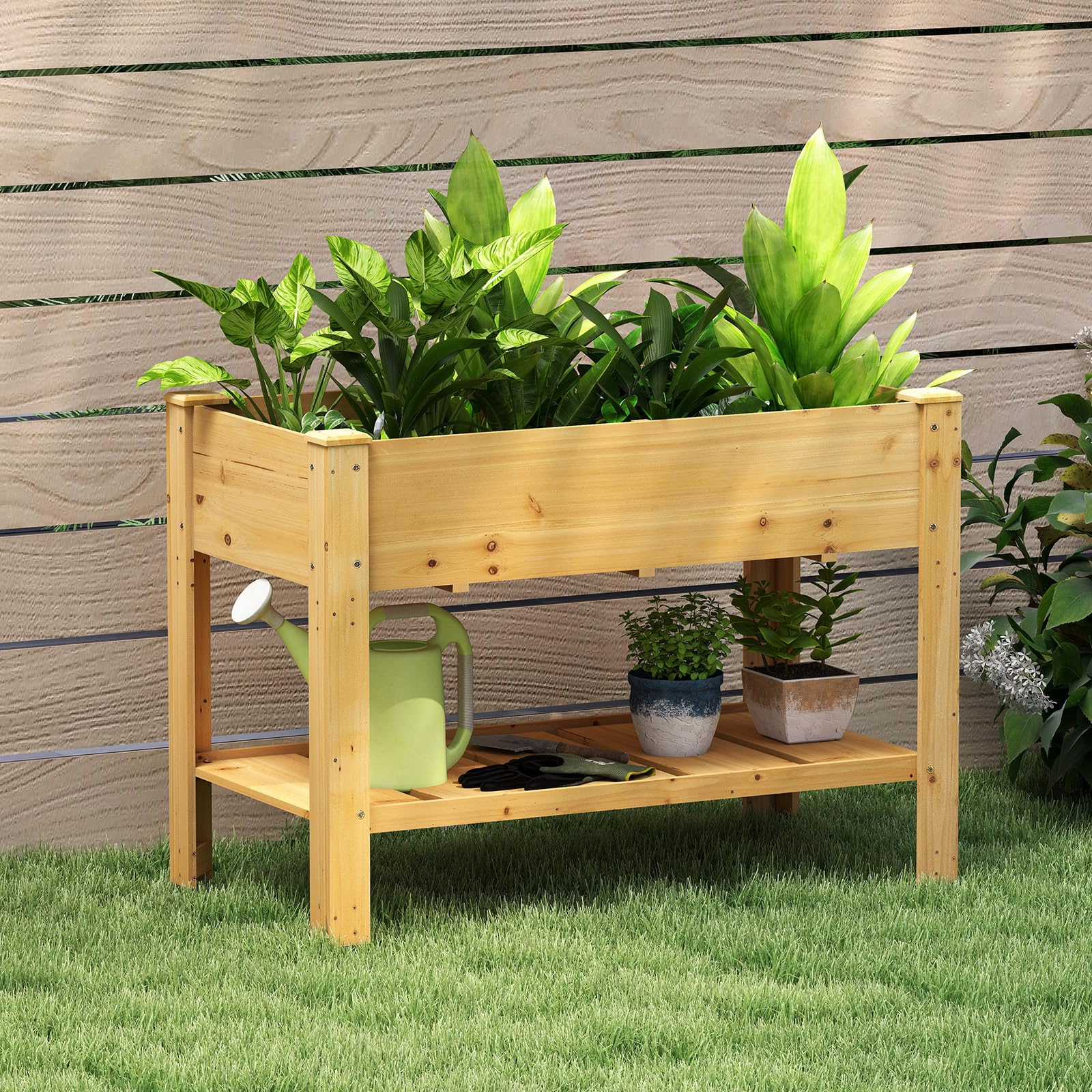COSTWAY Cama de Jardín Elevada de Madera, Jardinera Elevada con Estante, Drenaje, Contenedor para Flores, Hierbas, Vegetales, Caja de Plantar para Interiores y Exteriores, 120x60x80 cm (Natural)