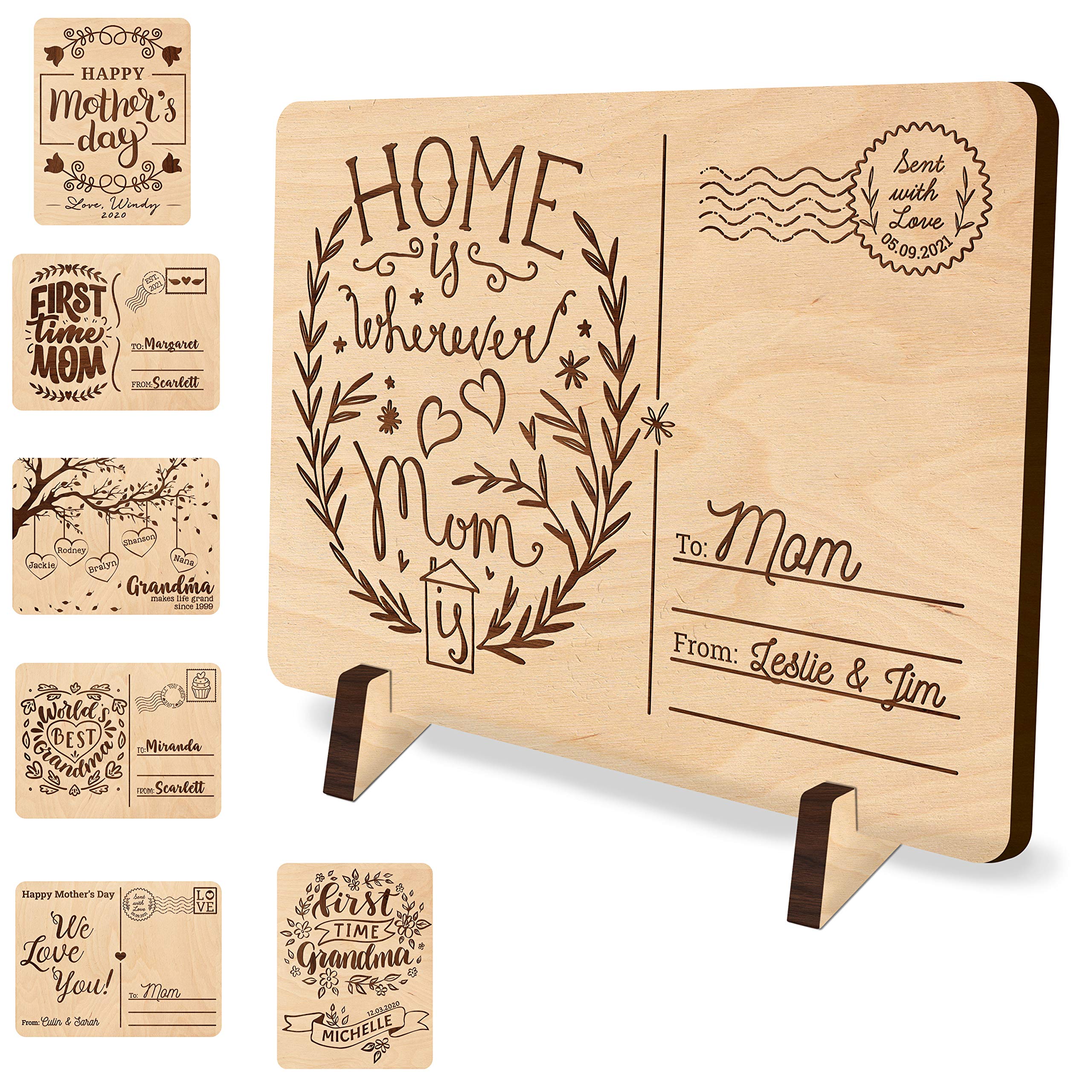 Lily's Atelier Gift for Mom, Personalized Wooden Mothers Day Card w/Names - Gifts for Mom from Daughter, Son - Home Is Where Mom Is