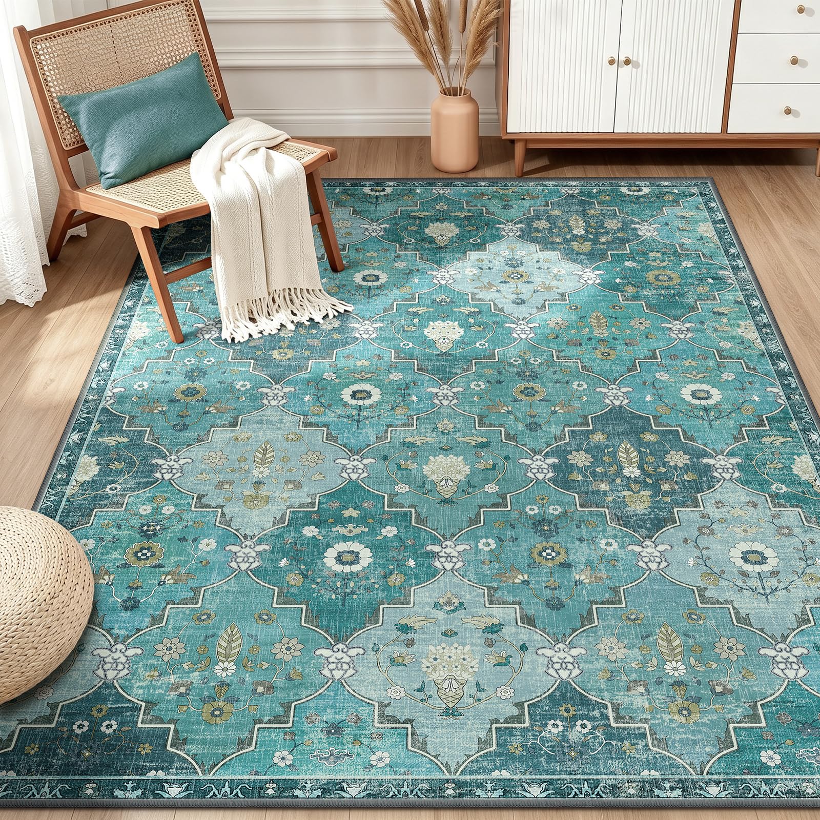 INOVADAY Teppich Wohnzimmer Moroccan Teppich Waschbar Boho Kurzflor rutschfest Teppiche für Lounge Schlafzimmer Esszimmer mit Druckmuster