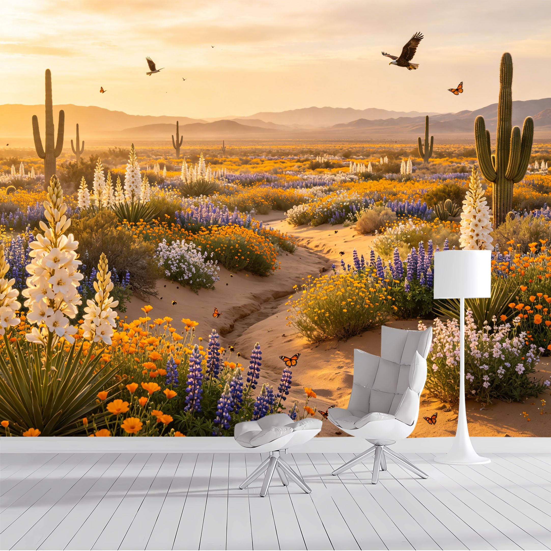 Custom Size Wall Mural Desert Landscape Blooming Flowers Eagles Butterflies Watercolor SelfAdhesive Wall Fabric Removable Peel and Stick Wallpaper Wall Decor for Living Room Bedroom Bathroom