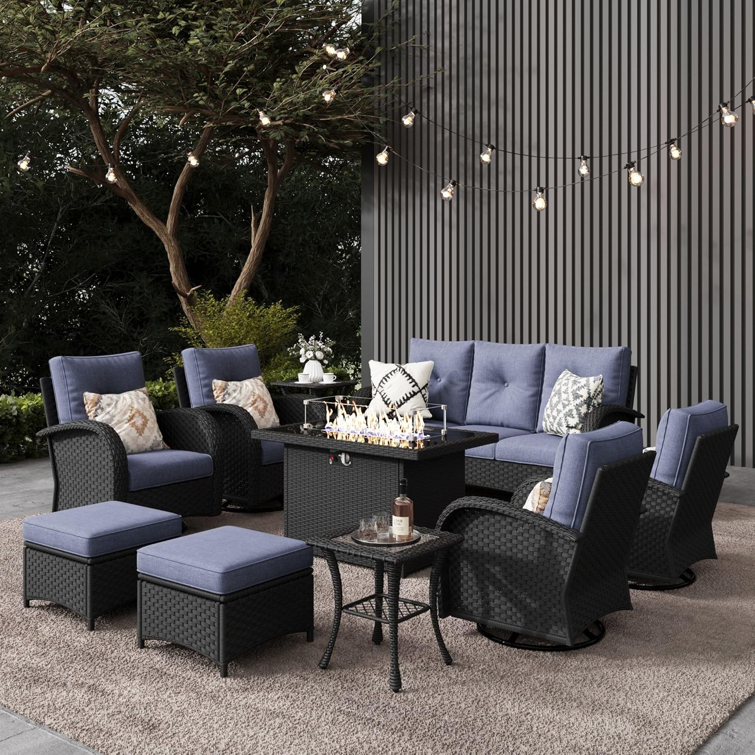 LayinSun 10 Pieces Outdoor Patio Furniture Set with Fire Pit Table, Rattan Wicker Sectional Swivel Rocker Chairs Sets 10 PCS-4*Swivel+Sofa+Firepit+2*Ottoman+Table Black /Navy Blue