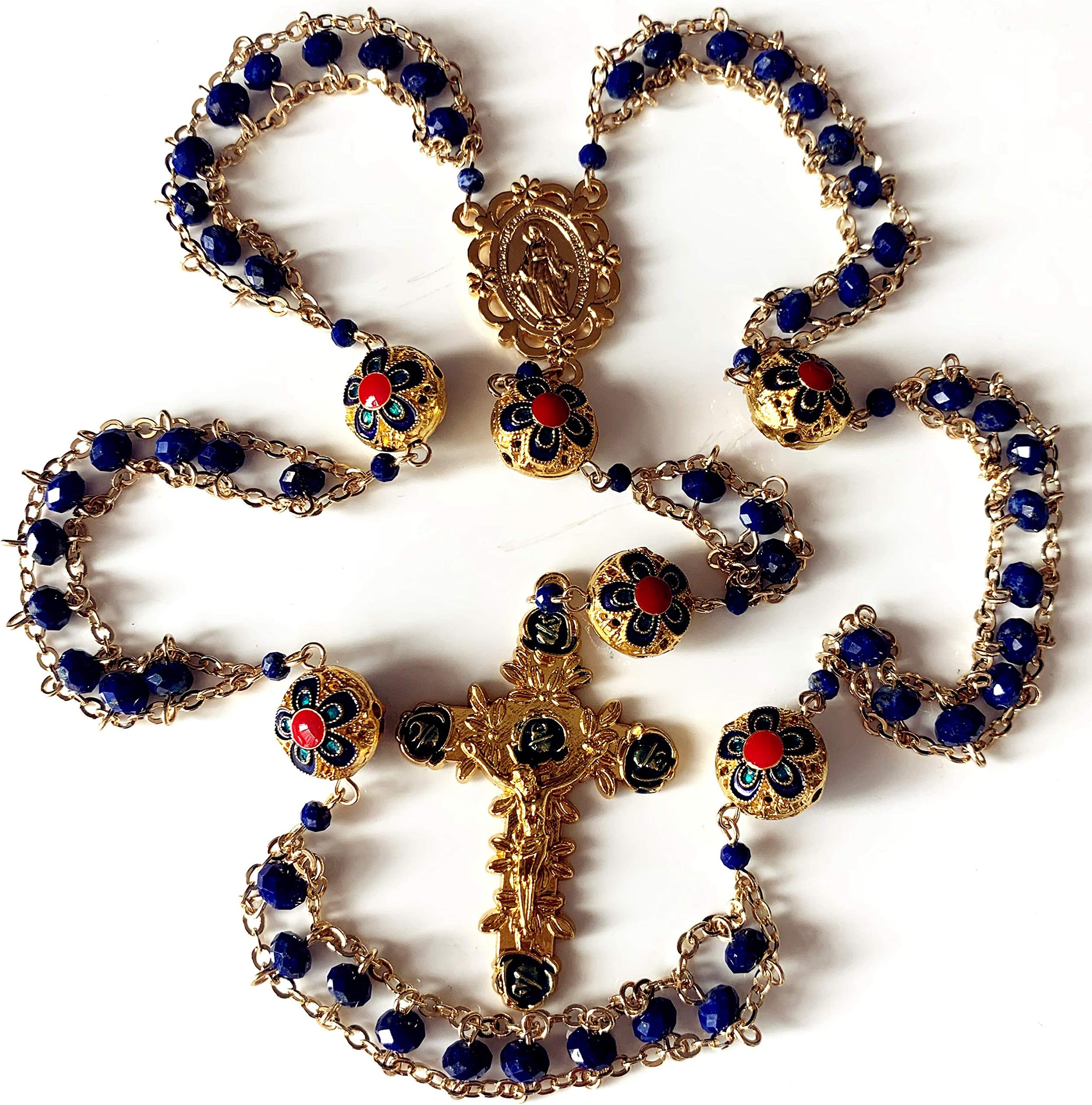 handmade Gold Ladder to Heaven Lapis Lazuli & Enamel Beads Catholic Rosary crucifix Necklace