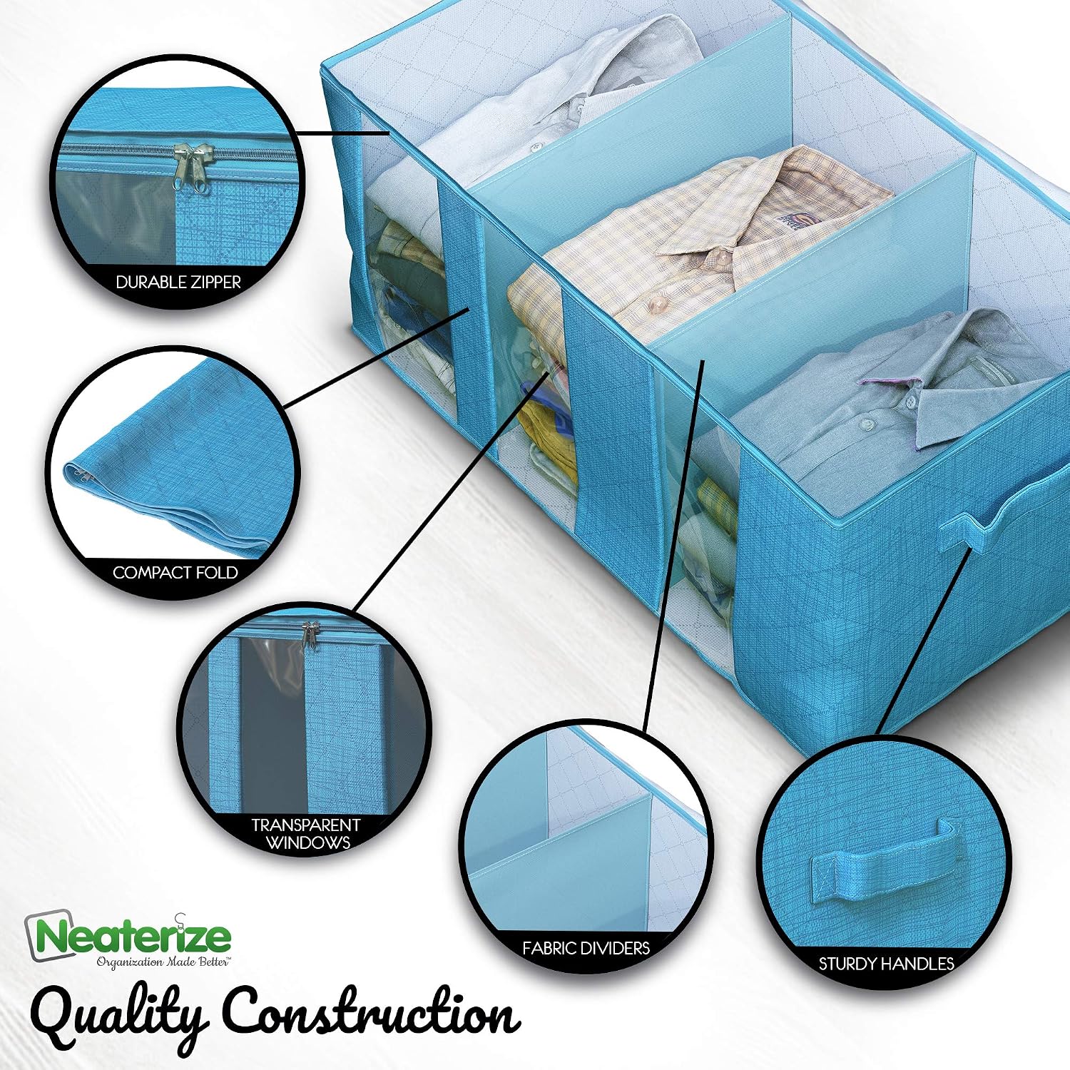 NEATERIZE 3 Compartments Storage Bags | Large Capacity Closet Storage Organizer with Reinforced Handles & Zipper | Fabric Clothes Organization and Storage Bins with Lids for Clothing [Aqua Blue]