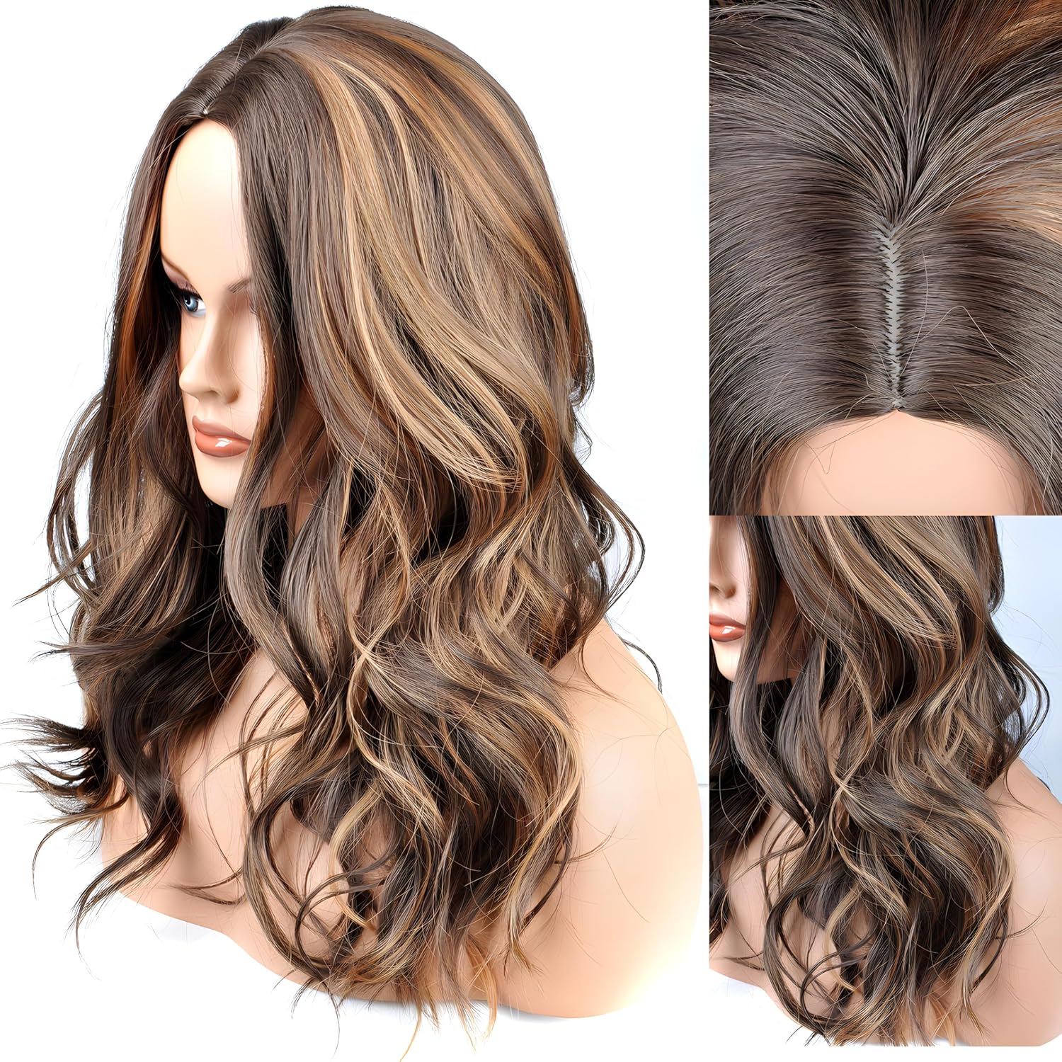 Brown Mixed Ash Blonde Long Wigs for Women,20inch Wave Curly Middle Part Synthetic Hair Wig Daily with layered