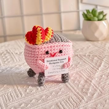 Emotional Support Dumpster Fire, Cute Funny Mini Handmade Doll with Encouragement Card, Handmade Crochet Dumpster Fire Doll Decorative Desk, Gifts for FriendsPink
