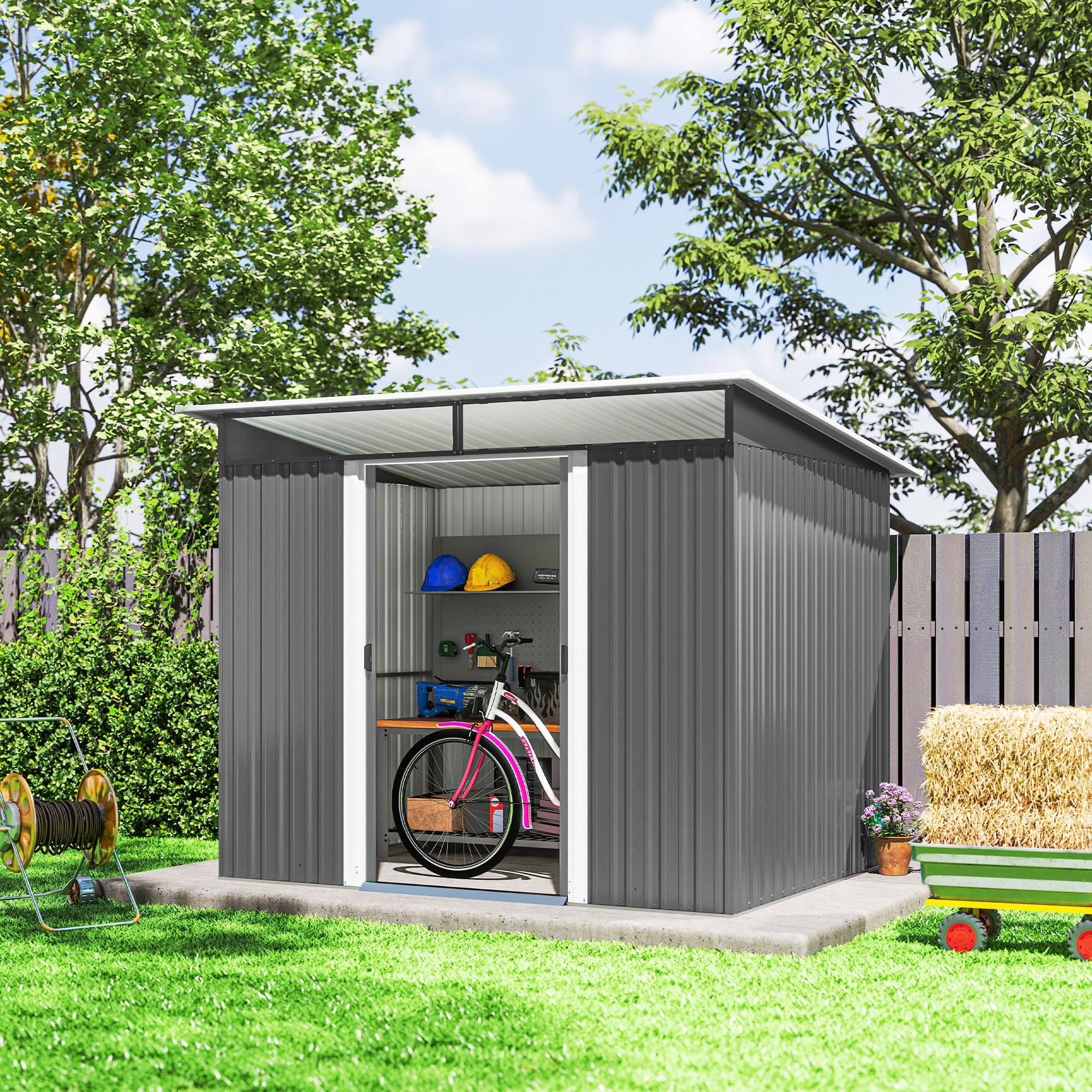 Outsunny Cobertizo de Jardín Exterior Metálica 4,5 m² 260x194x200cm Gris | Caseta de Jardín Exterior, Paneles Frontales Transparentes, 2 Puertas Corredizas, Almacenamiento de Herramientas