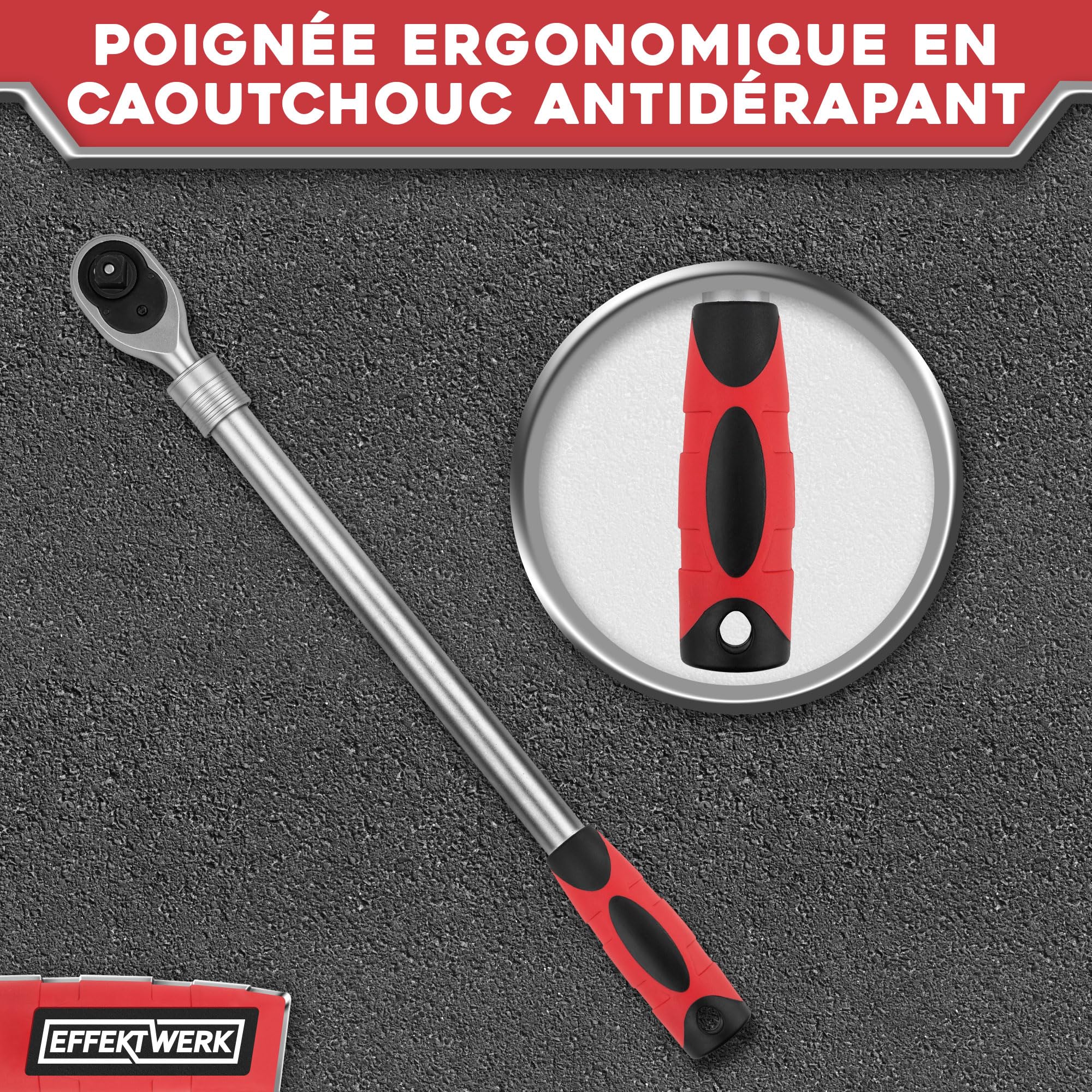 Cliquet télescopique - 1/2 pouce d'entraînement, 72 dents - poignée extensible 46-60 cm - Avec 6 postes de verrouillage - couple 660 Nm