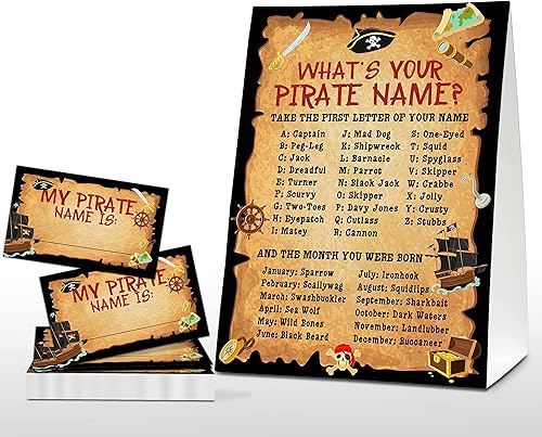 Juego de What Your Pirate Name Game  Juegos de fiesta de cumpleaños pirata vintage para amigos  Actividad familiar de amistad  1 cartel de pie y 30