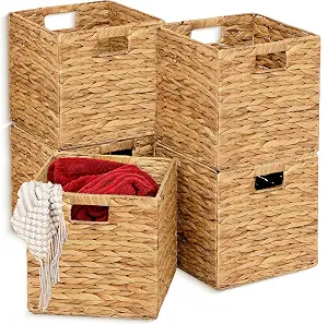 11x11in Wicker Storage Baskets Set of 5 Collapsible Water Hyacinth Basket for Organizing, Handwoven Woven Bins for Bedroom, Living Room, Shelves - Natural