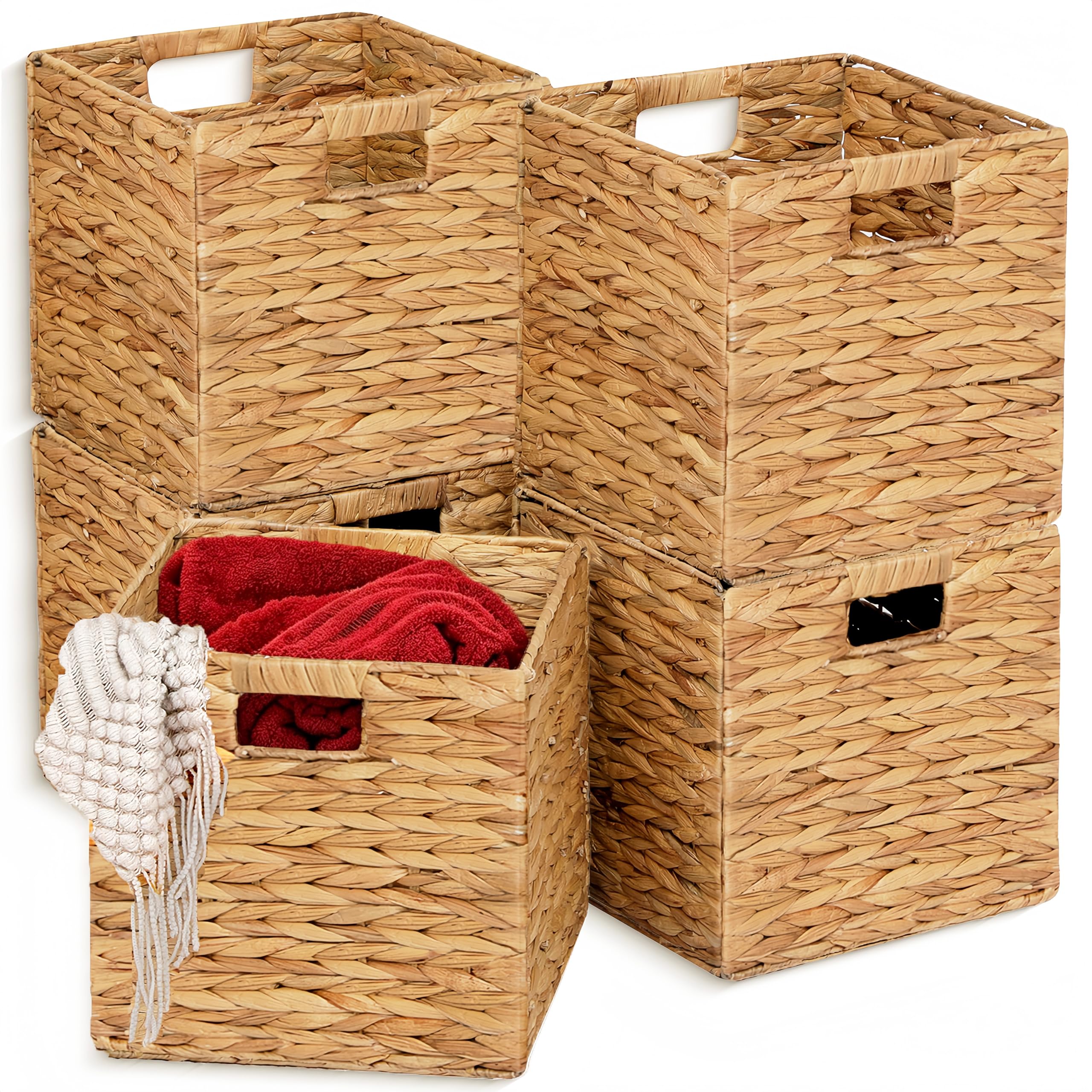 Photo 1 of 11x11in Wicker Storage Baskets Set of 5 Collapsible Water Hyacinth Basket for Organizing,Handwoven Woven Bins for Bedroom,Living Room,Shelves - Natural