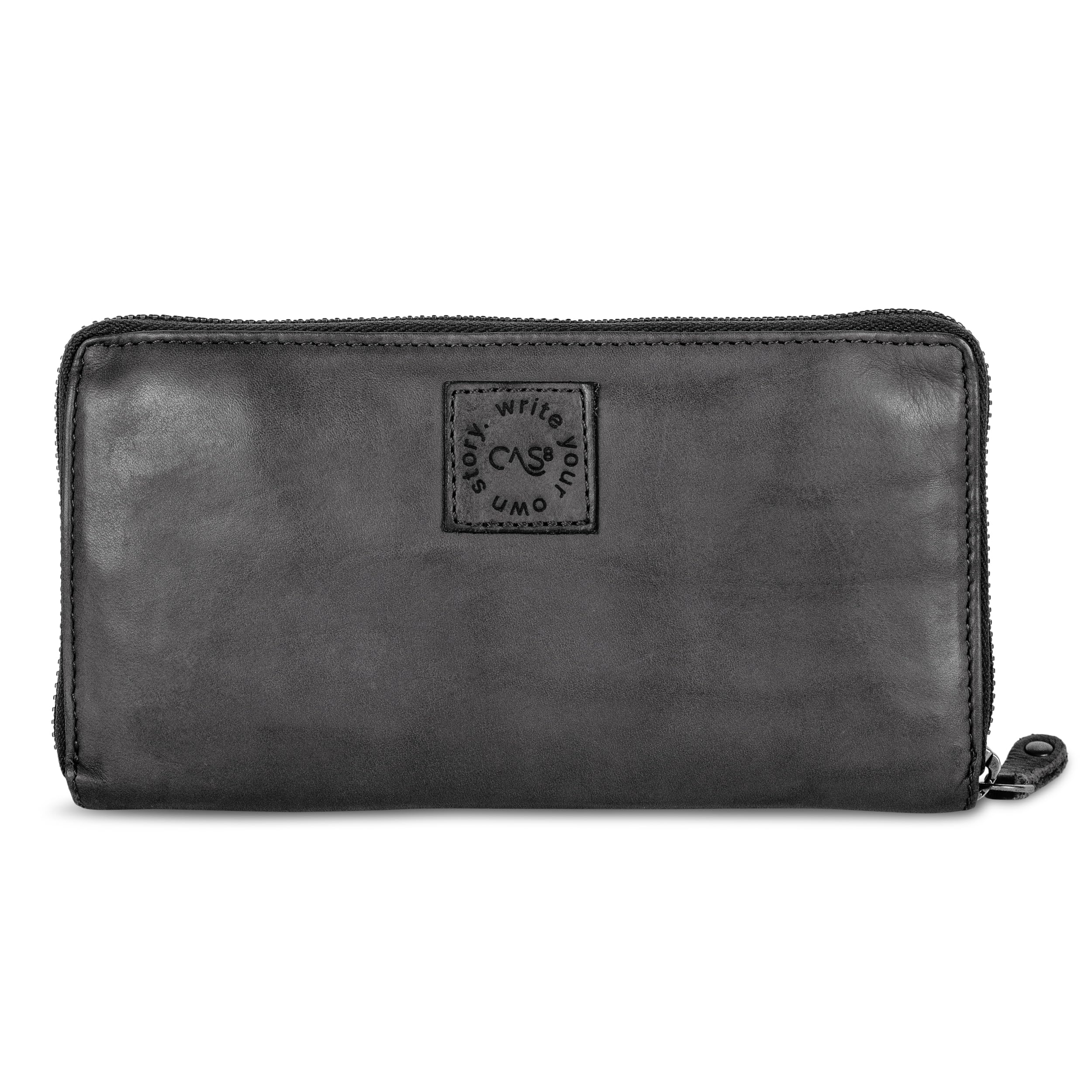 Geldbörse MALU, Damen Portemonnaie aus gewaschenem Leder, mit praktischen Kleingeld- sowie Kartenfächern, Portmonee im Used-Look mit Reißverschluss, Graphite