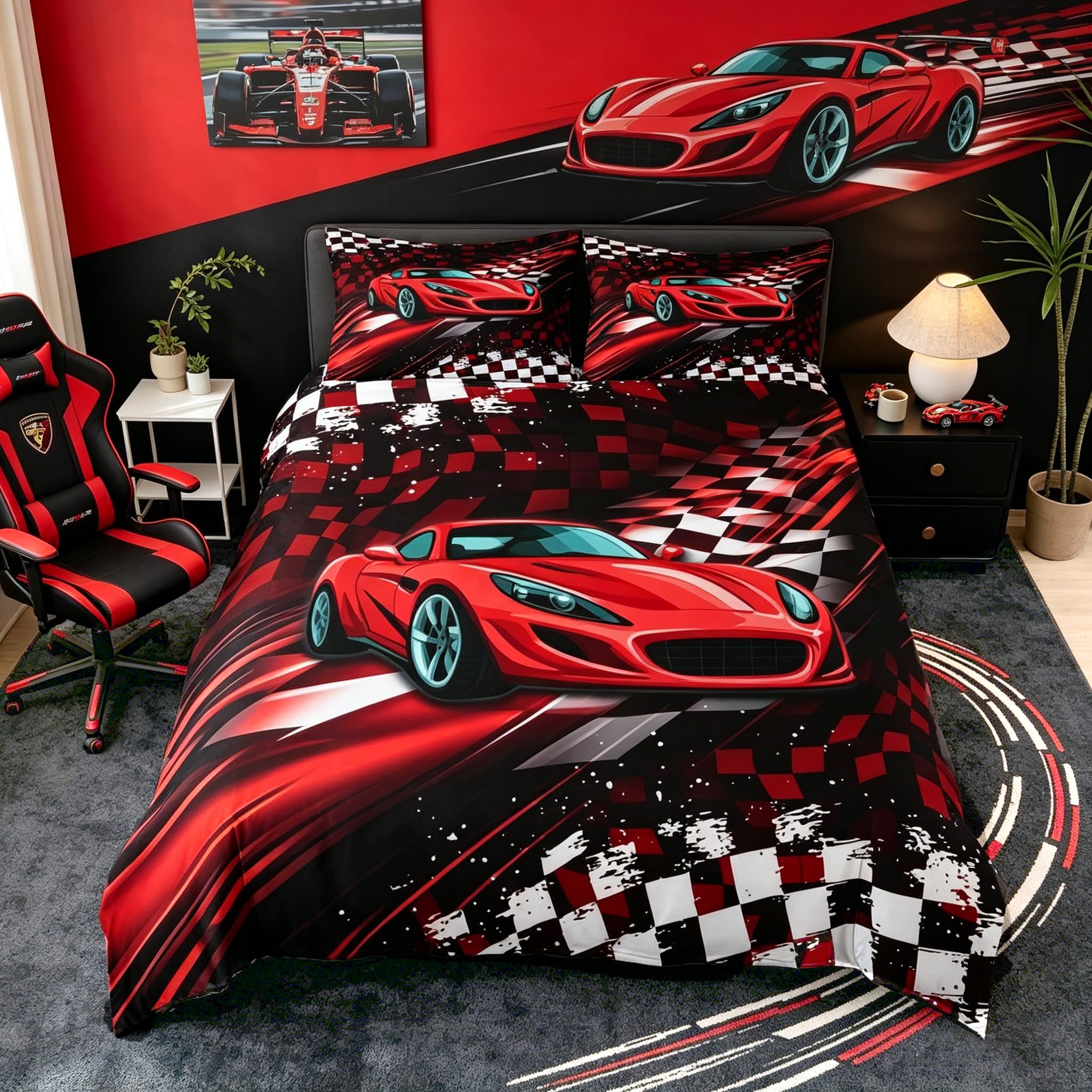 Homemissing Red Geometric Race Car Duvet Cover Set Double Size For Kids Boys Girls Speed Sports Car Bedding Set Racing Flag Duvet Cover with 2 Pillowcases Grid Bedding
