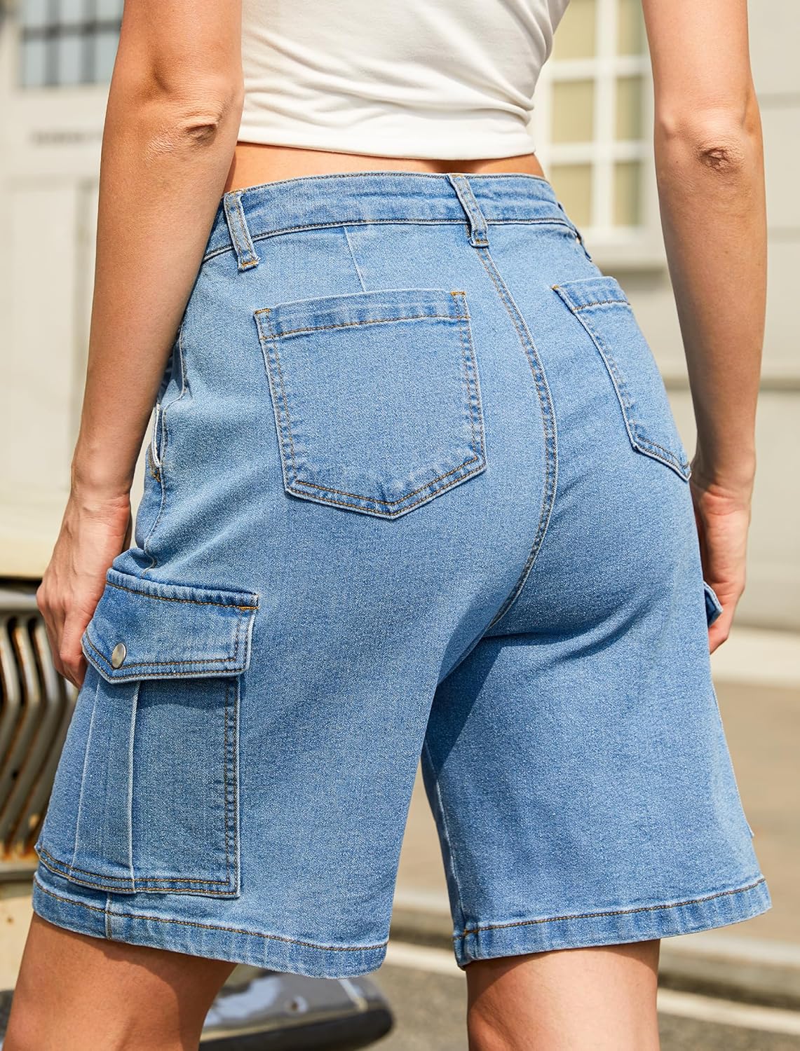 IWD Bermuda Cargo Denim Shorts for Women Knee Length 6 Pockets Elastic Waist Long Jorts for Summer Casual - Image 2