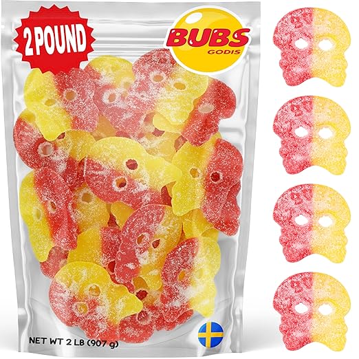 BUBS Dizzy Skulls Swedish Candy - 1/2 Pound Sour Foam Skulls With Bubble Gum Flavor