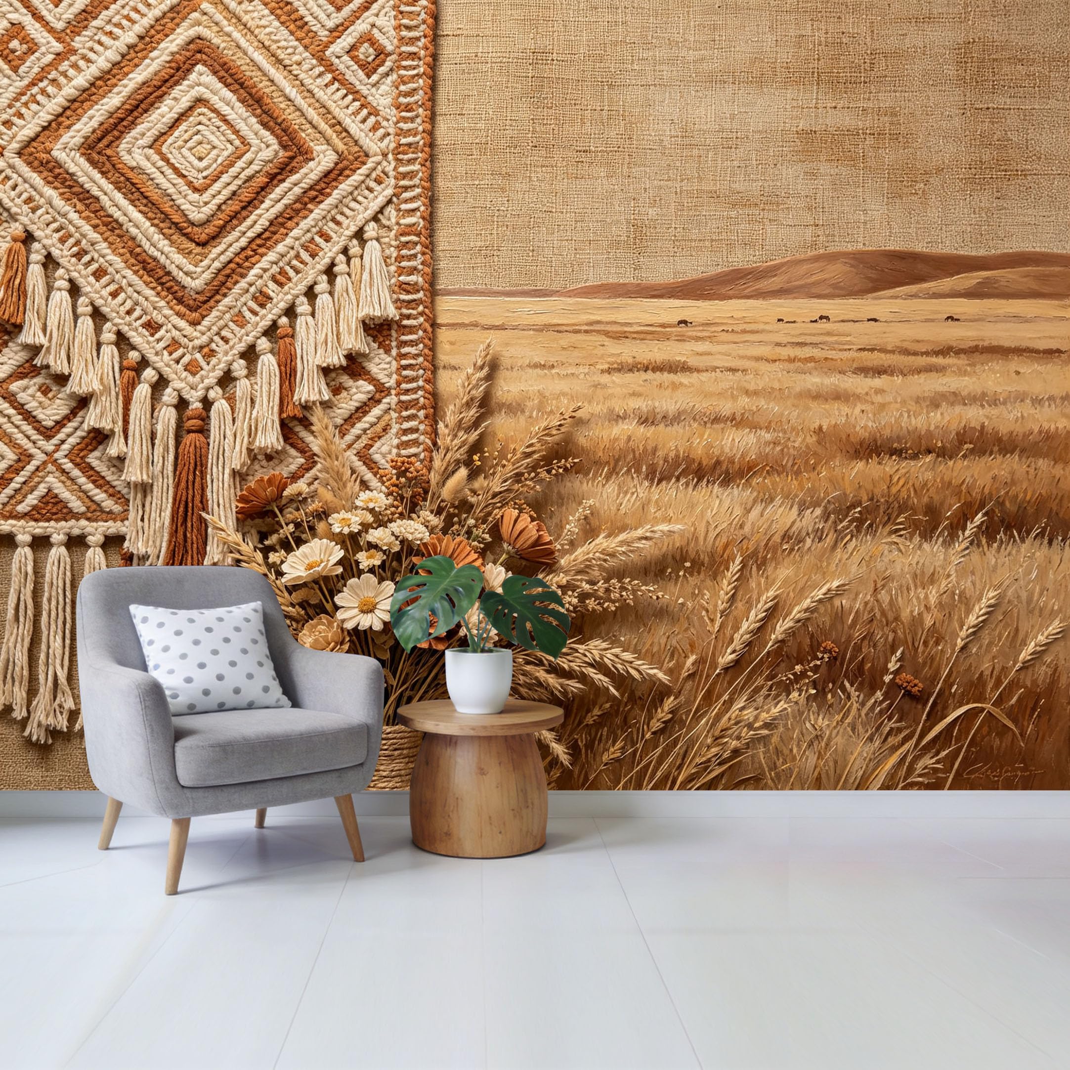 Qzlithotic Yq2605250953 Custom Size Wall Mural Bohemian Macrame Woven Tapestry Dried Flower Wheat Field Textured Oil Painting Selfadhesive Wall Fabric Removable Wallpaper For Home Office Decor