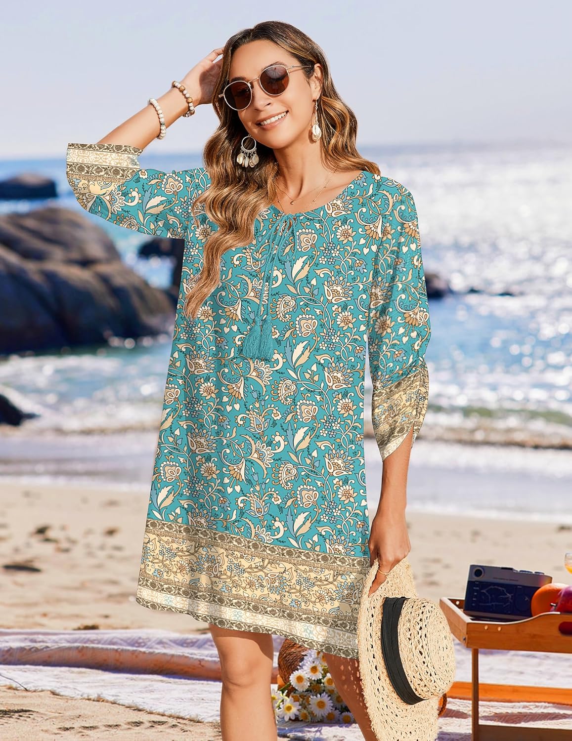 HOTOUCH Women Casual Beach Summer Dress Boho V Neck 3/4 Long Sleeve Short Floral Print Flowy Swimsuit Cover Up Sundress - Image 6