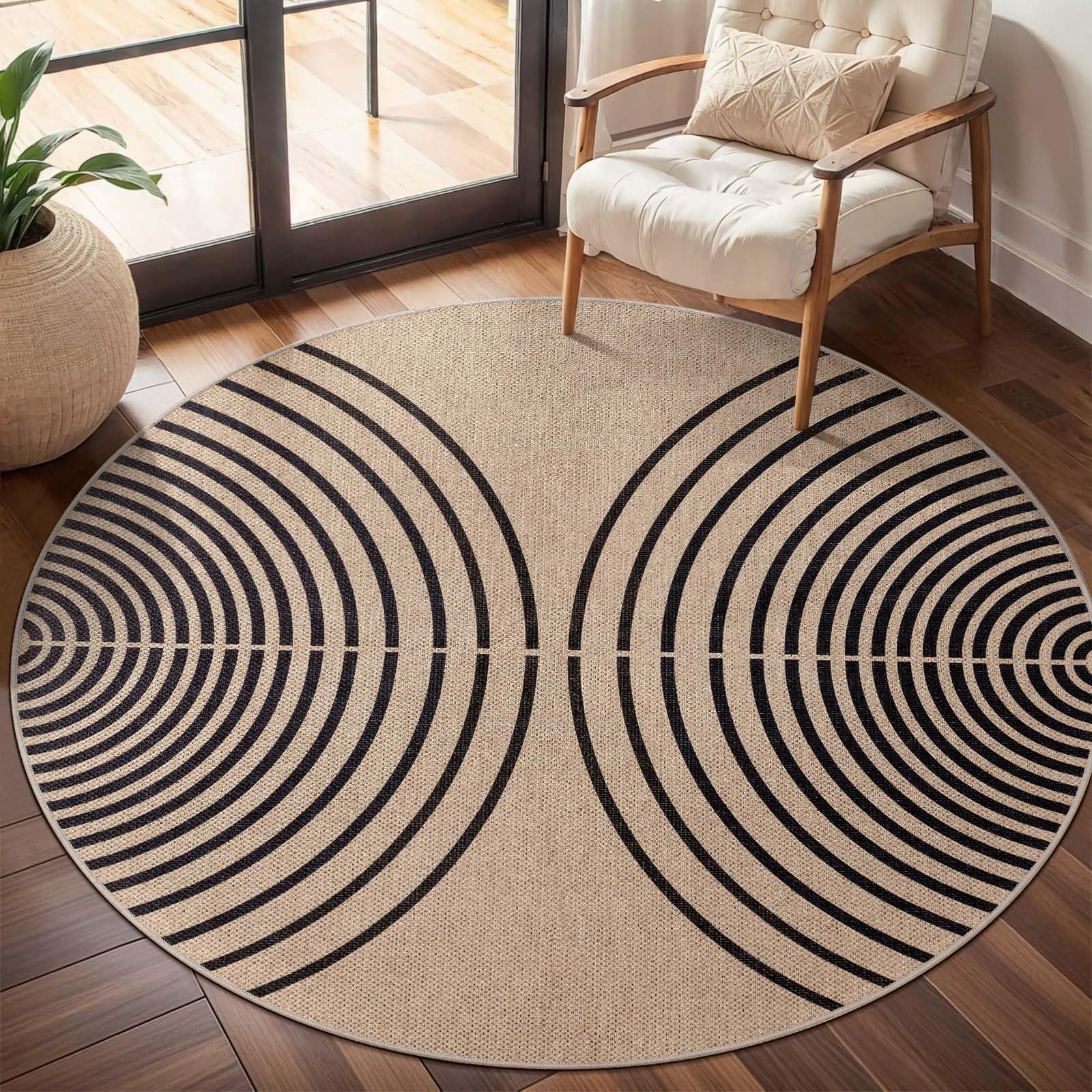 Tangsoo Modern Rainbow Round Rug 4ft Easy Jute Washable Rugs Ultra Thin Black Indoor Outdoor Rug Circle Farmhouse Mat Non Slip Round Carpet for