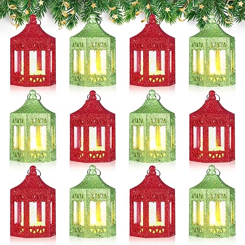 Miniatura 7 de 12 mini faroles decorativos de Navidad con vela LED de 4.33 pulgadas, pequeño farol colgante con purpurina para centro de mesa, adorno de Navidad