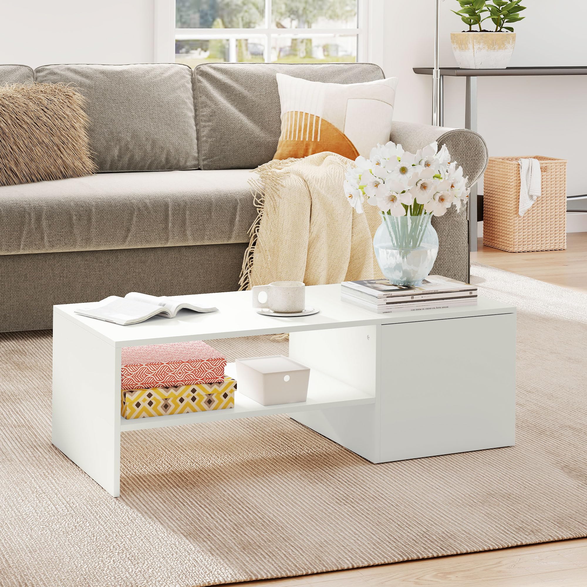 HOMCOM Mesa de Centro con Tablero Deslizante Moderna 110x52x36 cm Blanco | Mesa Baja para Salón Moderna, con Compartimento Oculto, Estante Abierto, para Comedor, Oficina