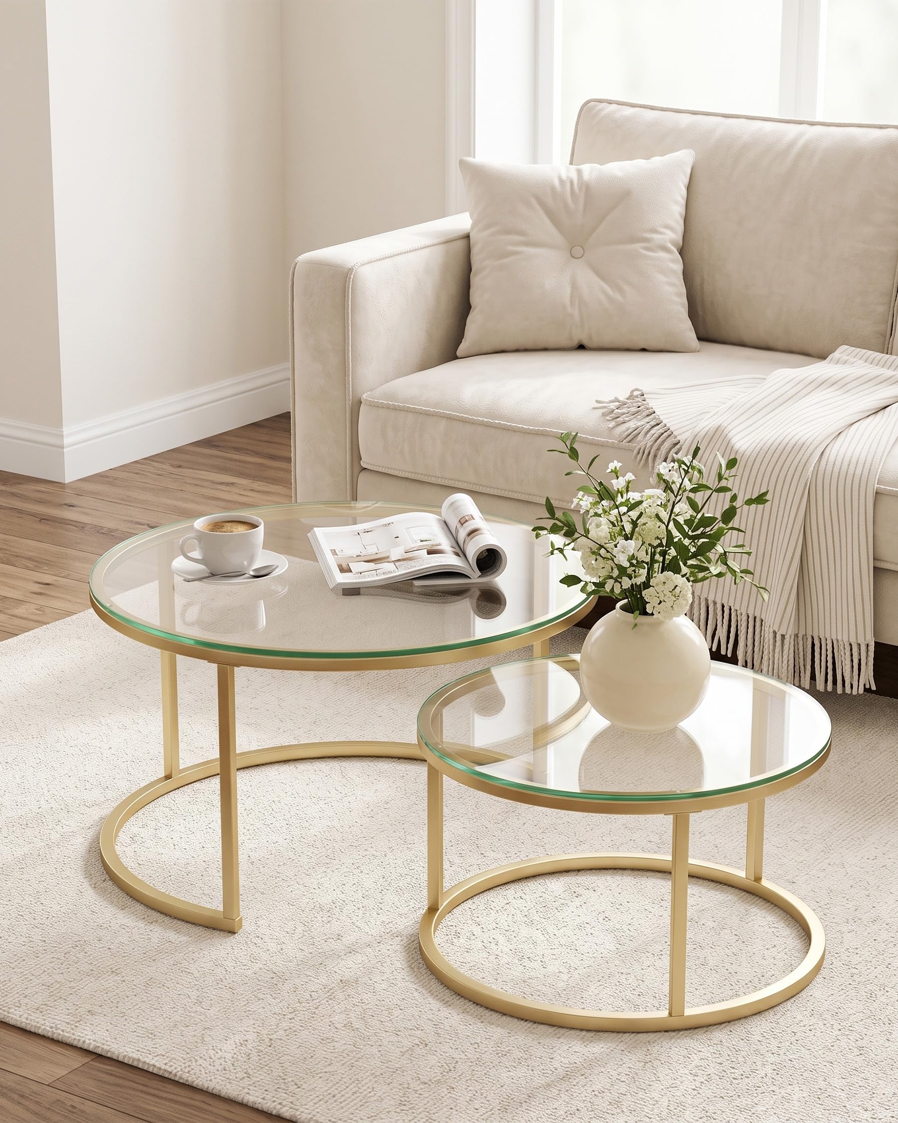 Tavolino Salotto in Vetro Set da 2 Ø80+60 cm, Tavolini da Salotto Rotondi in Vetro Trasparente e Struttura Dorata, Tavolo Salotto Moderno Impermeabile per Interno ed Esterno