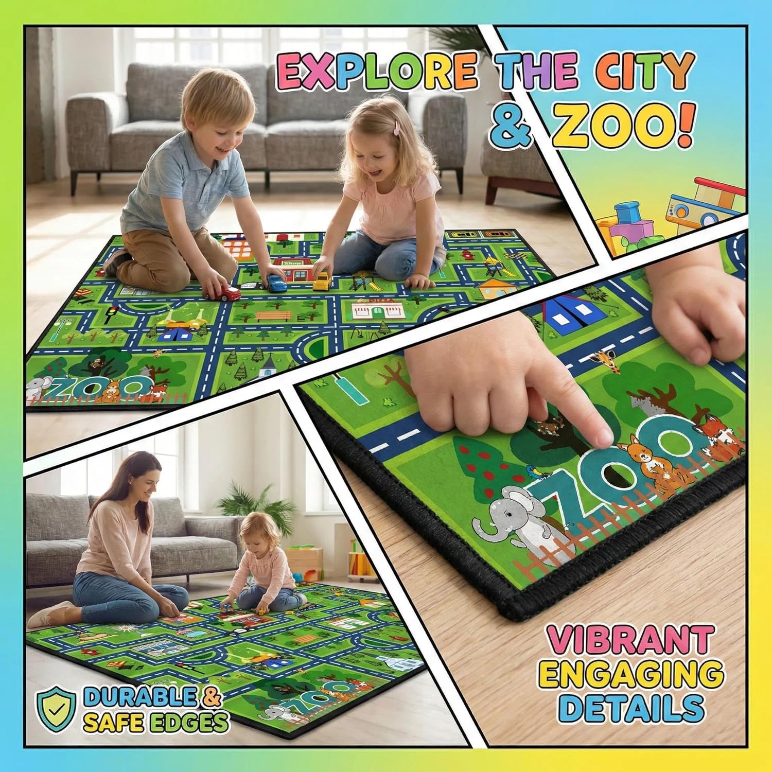 3x5 Feet Non Slip City Road Traffic Carpet for Toy Cars+3x5 Feet Car Rugs for Kids