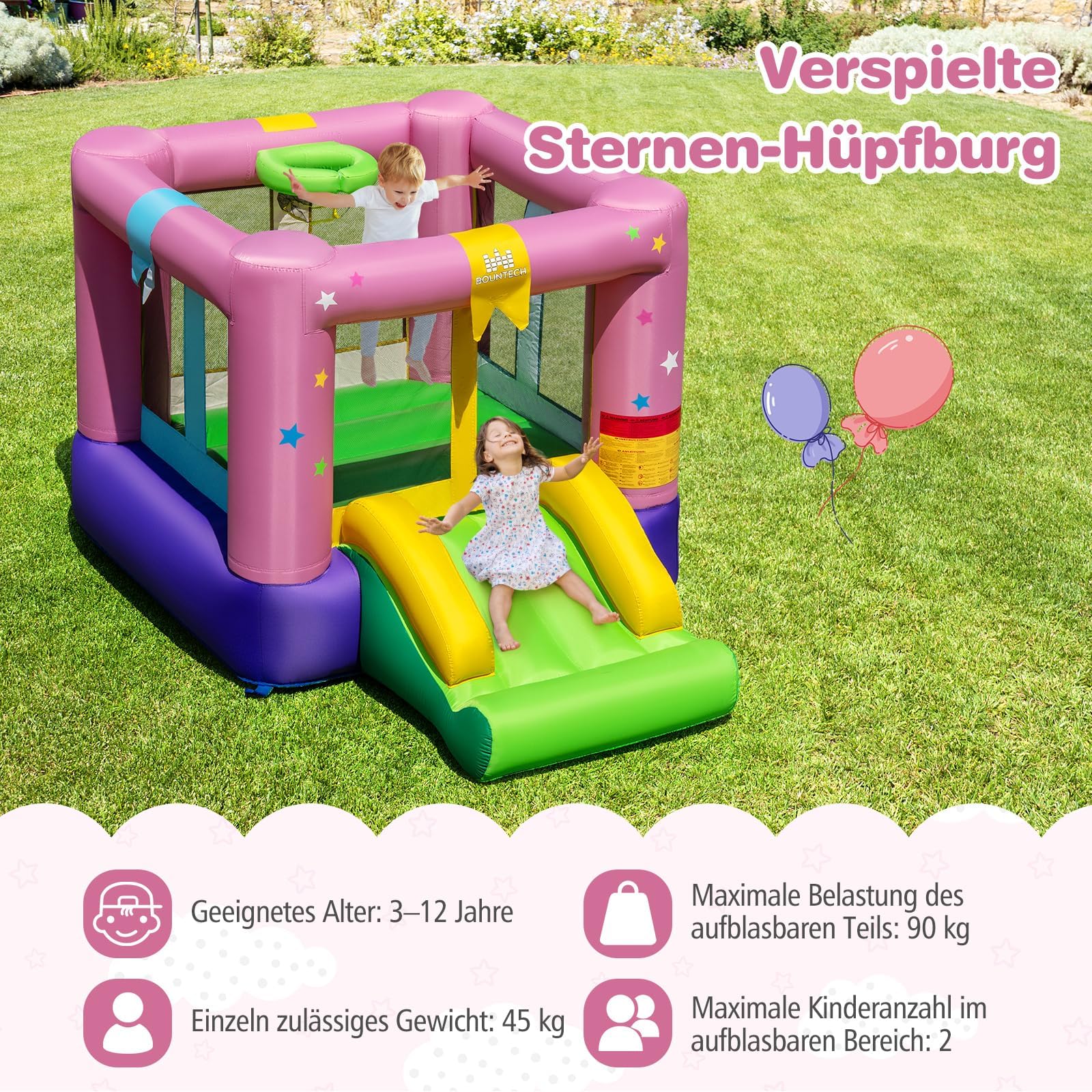 FANTASK aufblasbaren Hüpfburg, Sprungbereich & Basketballkorb, Hüpfburg mit Rutsche, Sprunghauses für Indoor und Outdoor, 240 x 174 x 143 cm