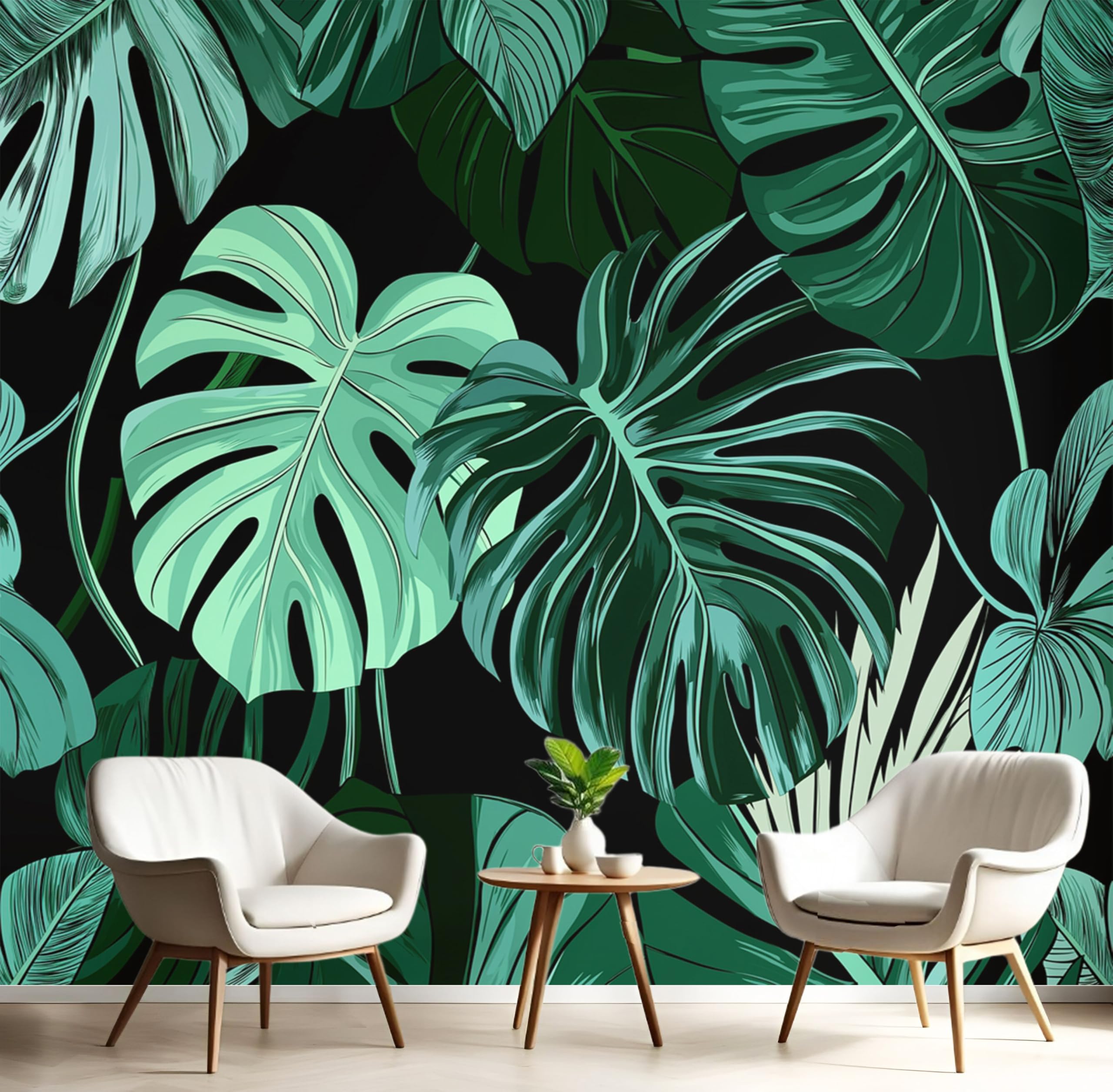 Papier Peint Soie Monstera Vert et Noir 150X105Cm pour Décoration Murale Salon