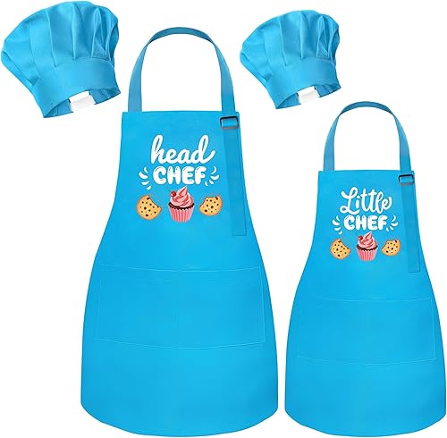 Miniatura 8 de R HORSE Juego de delantal y gorro de chef para adultos y niños - 4 piezas, delantal y gorro de cocina ajustables para padres e hijos, juguete