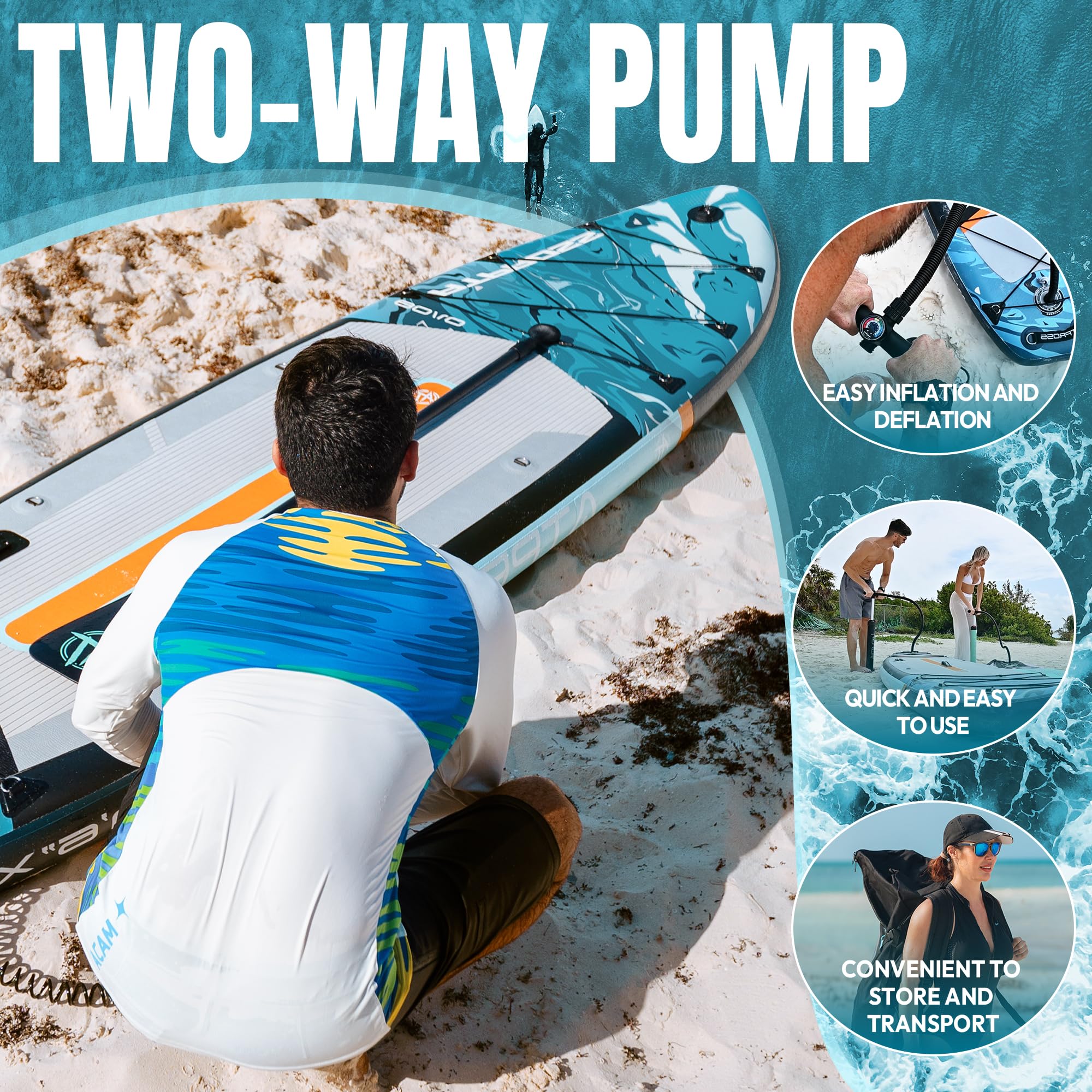 Aufblasbares SUP Board 350 x 89 x 15 cm, bis 240 kg Tragfähigkeit, extra breit für Erwachsene, rutschfeste Standfläche, inkl. Premium SUP Zubehörset & Rucksack,ideal für Yoga