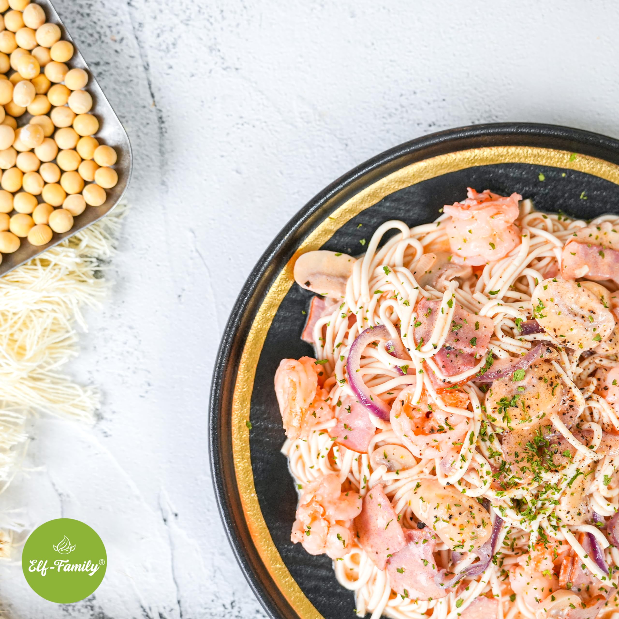 Elf-Family Fideos de tofu - (300 g × 6er) Fideos Instantáneos de Alta Proteína, Menos Carbohidratos, Baja en Carbohidratos, Vegana, Preparación Rápida, Auténtica de Tailandia, Baja Grasa y Sin