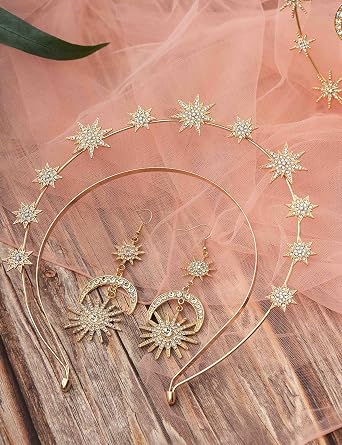 Zivyes Star Headband Celestial Stars Halo Crown with Earrings for Women Wedding Goddess Costume Accessories