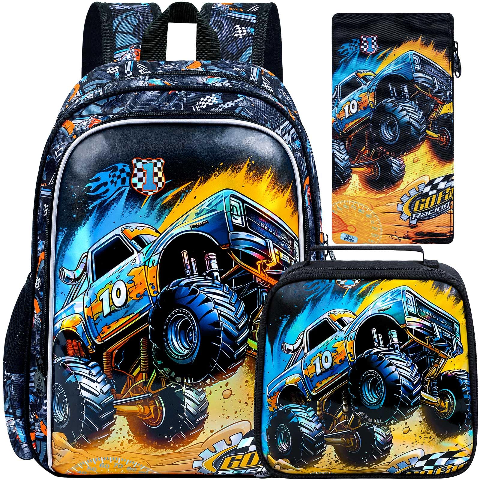 ZLYERT 16" Truck Backpack for Boy, 3Pcs Car School Backpacks with Lunch Box, Kids Bookbag for Elementary Preschool Kindergarten(Black)