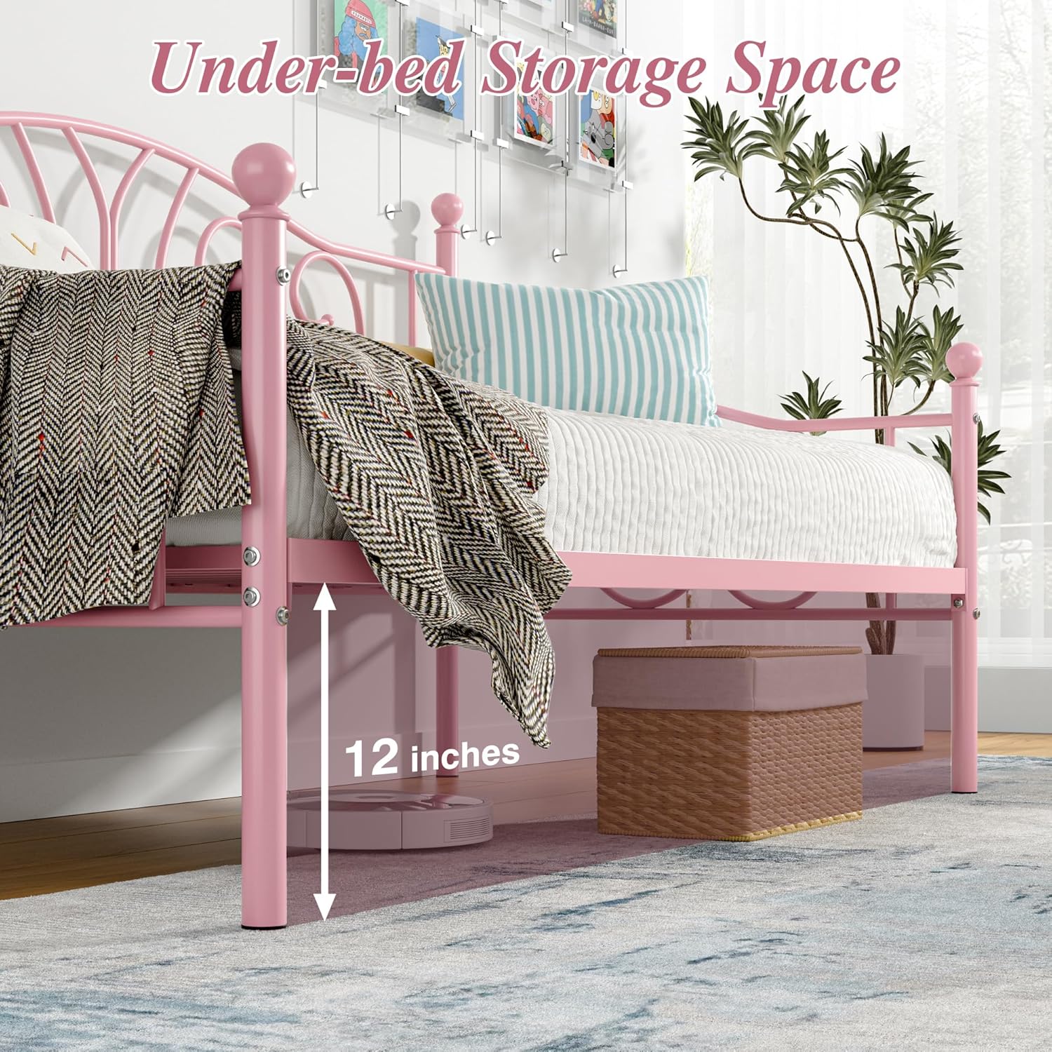 VECELO Metal Daybed Frame Multifunctional Platform Bed Sofa Mattress Foundation with Classic Headboard, Twin, Pink