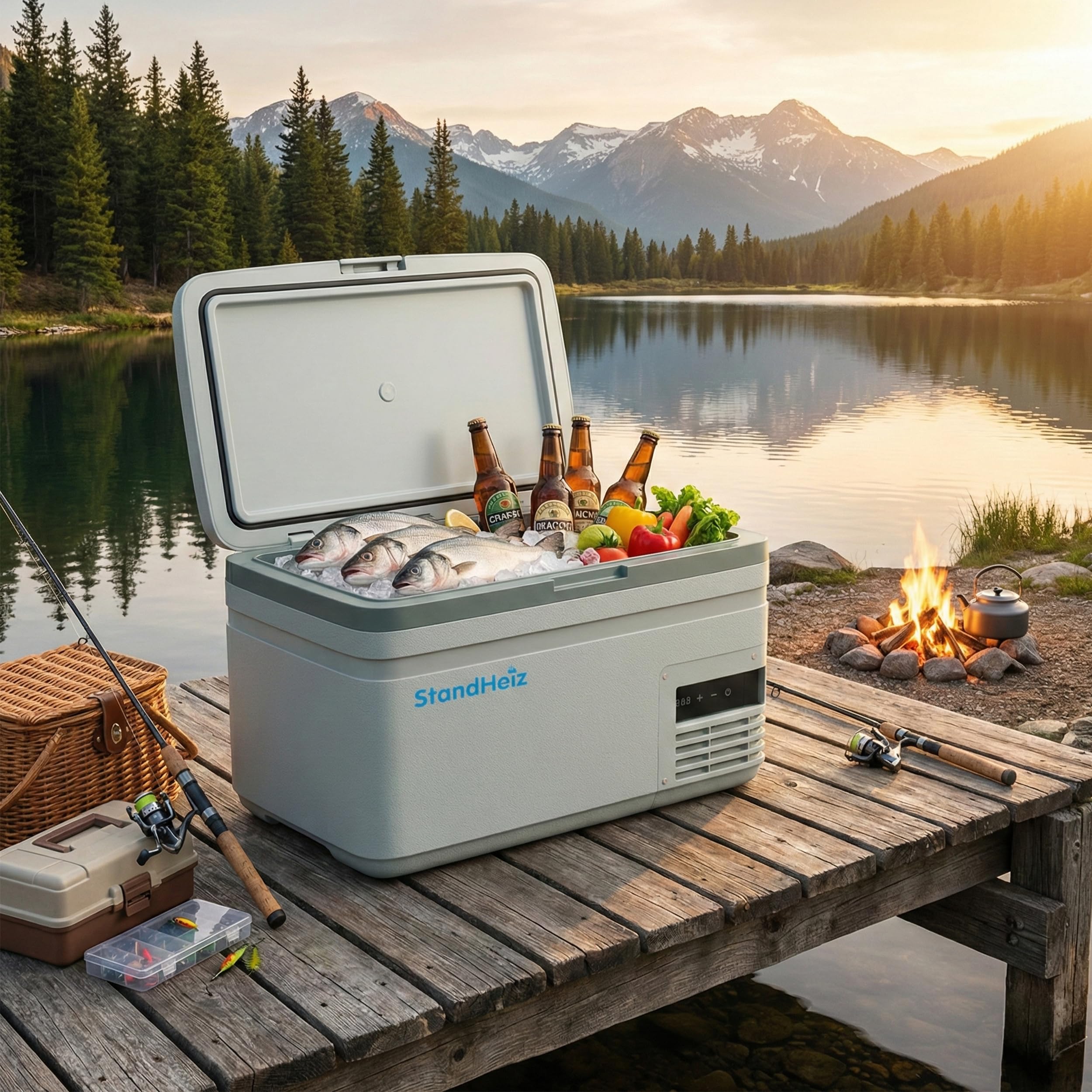 Lodówka Turystyczna Kompresorowa 15L – Kompaktowa Mini Lodówka z Aplikacją i Trybem ECO, 12V/24V/230V do Samochodu, Ciężarówki, Biura i na Kemping, Zamrażarka do -20°C, Szaro-Zielona