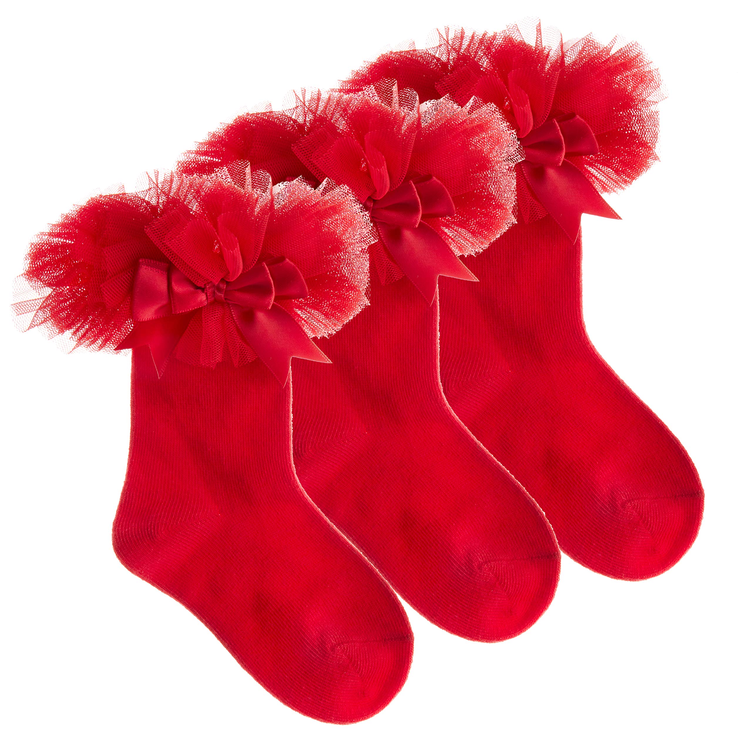 Metzuyan 3 Pack Baby Girls Tutu Frill Socks Cotton Rich Red 0-0