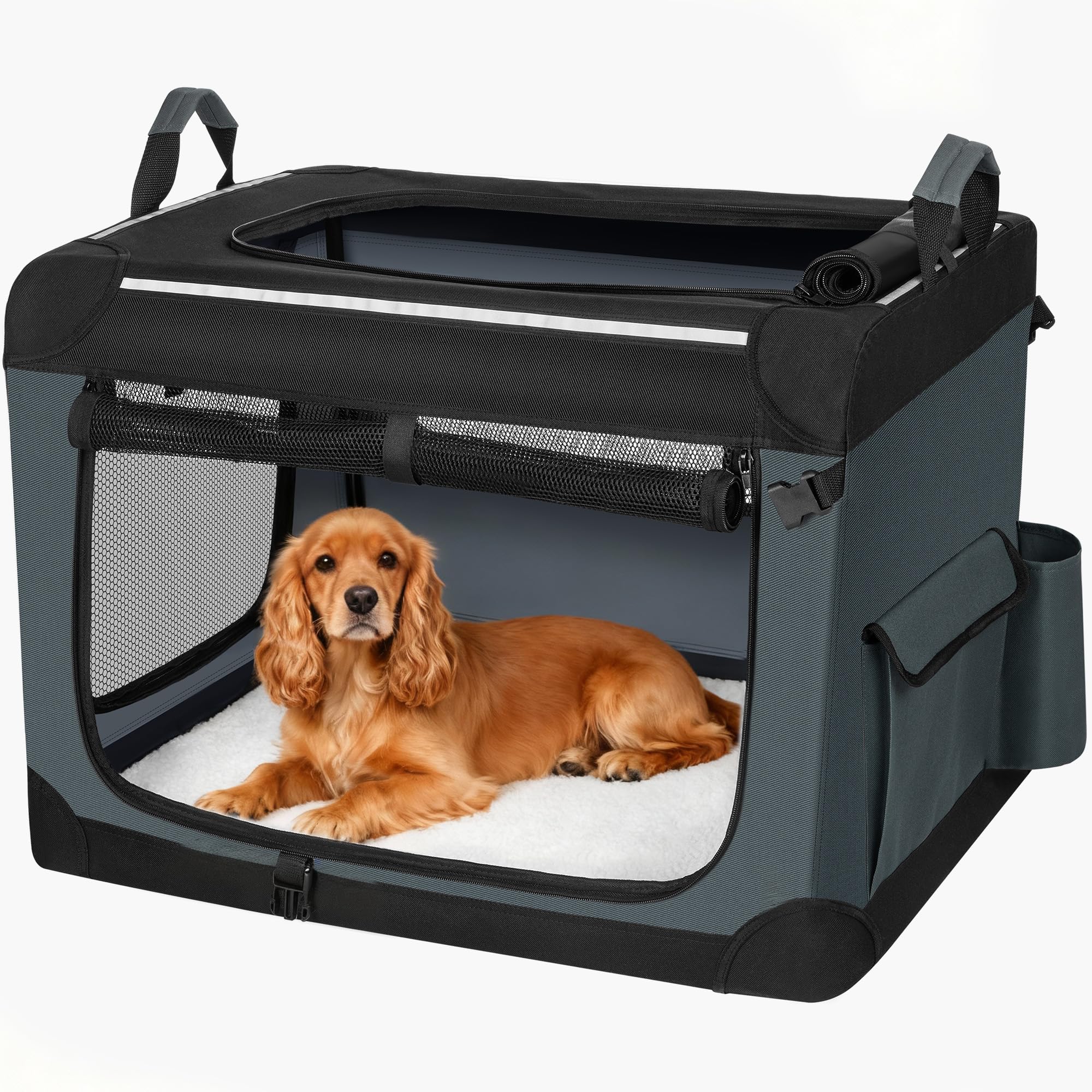 Hundebox Faltbar mit 3-Türiger, 76,2 x 53,4 x 53,4 cm, Grau | Transportbox Hund, Tragbare Hundetasche mit Reflektierenden Streifen, Taschen, Oxford-Gewebe, Matte ist Abnehmbar, FPDT006OG1