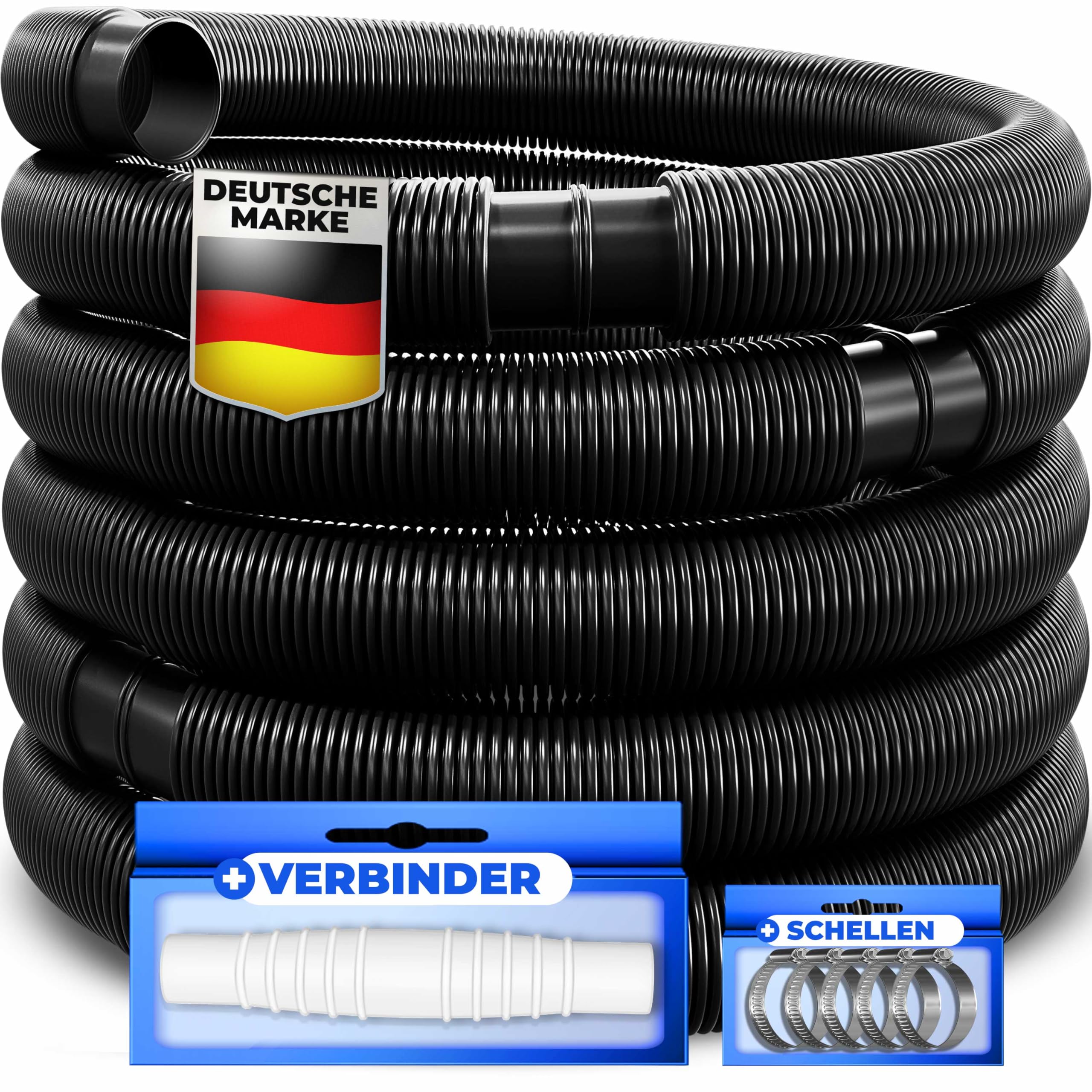 KESSER® Poolschlauch 8m / Ø 38mm | Schwimmbadschlauch mit Muffen | Solarschlauch für Pool | Saugschlauch | Pumpenschlauch | Flexibler Wasserschlauch inkl. Schlauchschellen & -verbindung | Schwarz