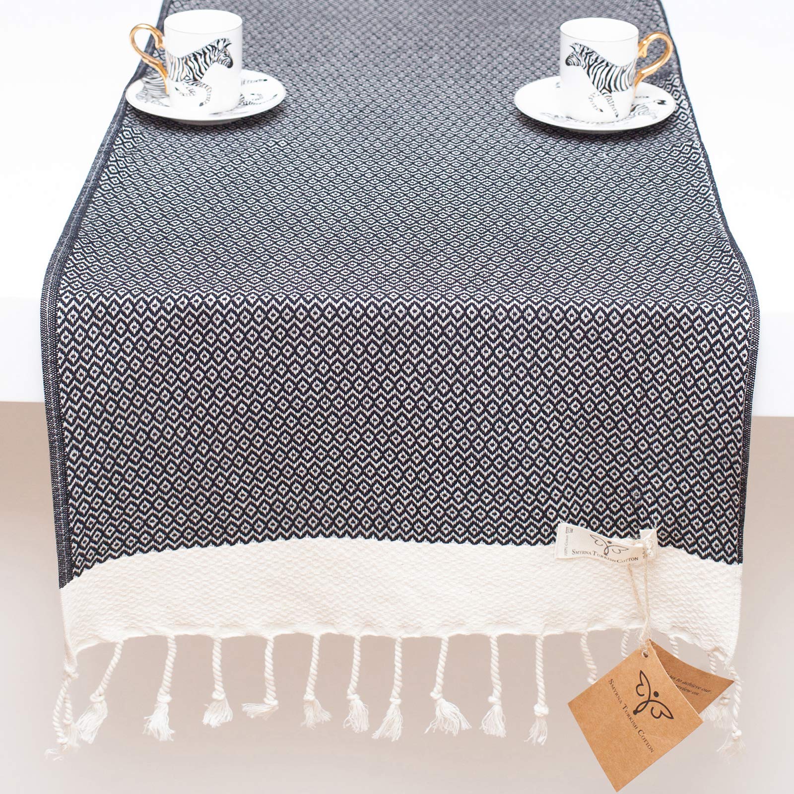SMYRNA TURKISH COTTONOriginal Turkish Table Runner Vintage Series |15 x 108 Inches | Vintage Farmhouse Table Runners for Home Dining Table Decor and Bohemian Wedding Decoration (Black, 15 x 108)