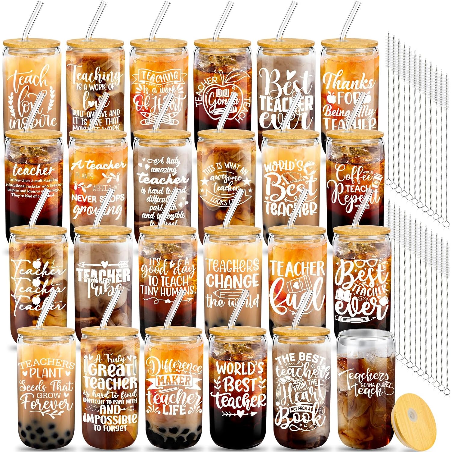 FoldTier 24 Sets Teacher's Day Appreciation Gifts 16 oz Thank You Teacher Gifts Glass Cups with Lids Straws Cleaning Brushes(Lovely Style)